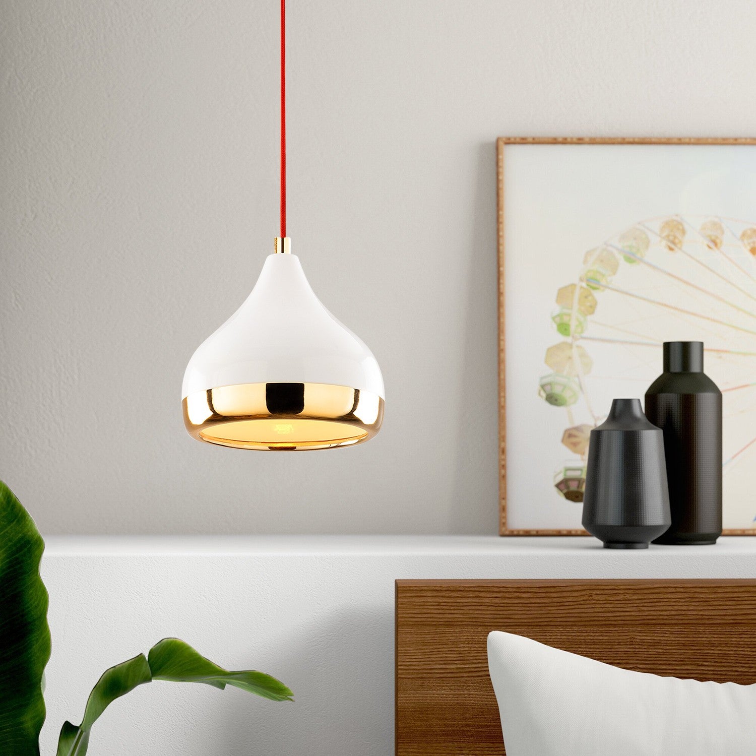Candeeiro de Teto – 17 cm de diâmetro – Branco, vermelho e dourado – Metal