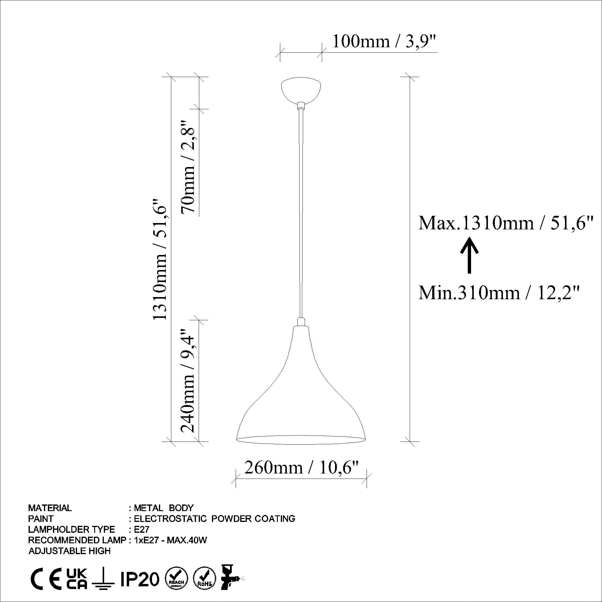 Candeeiro de Teto – altura ajustável de 33 a 122 cm – cor turquesa – corpo de metal