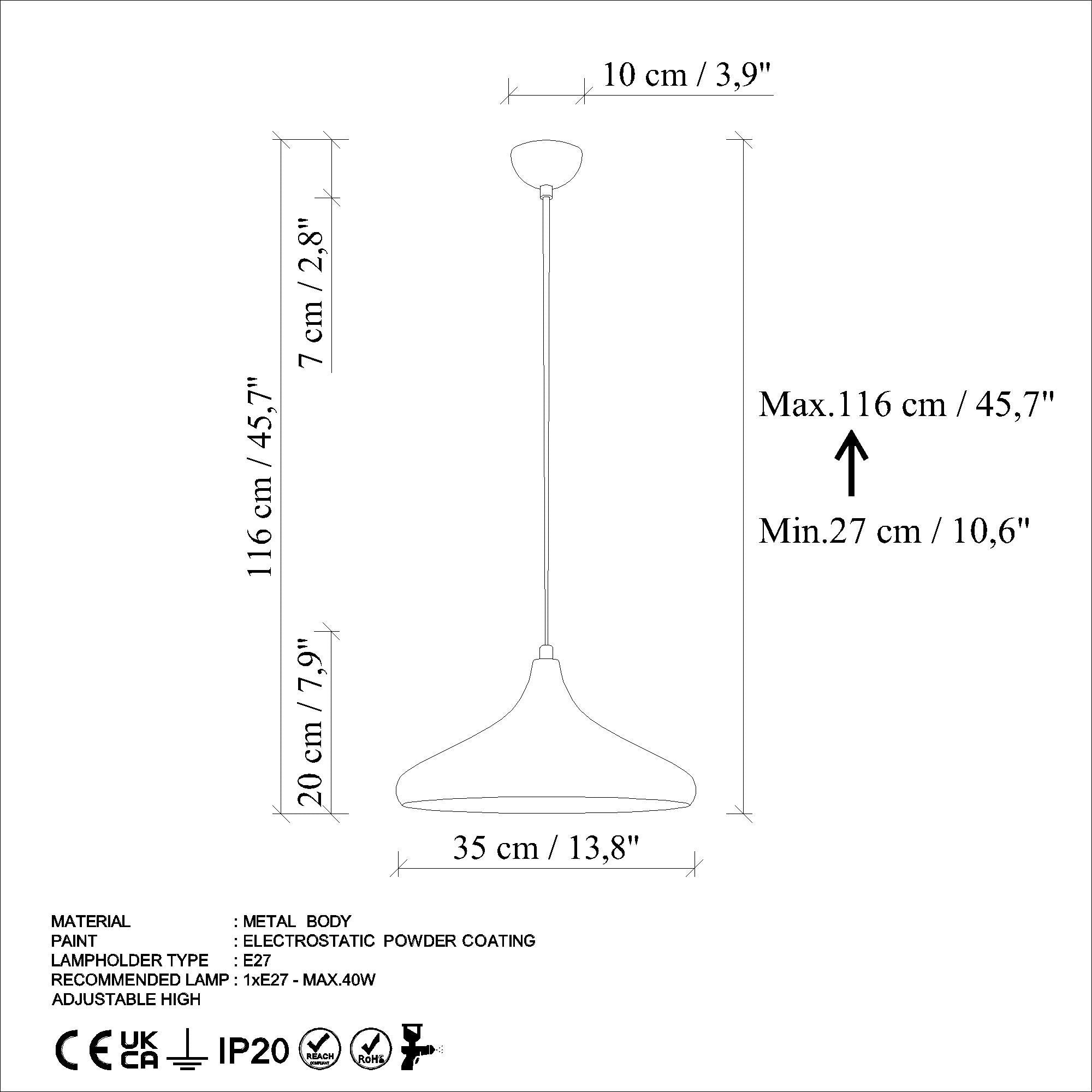 Candeeiro de Teto Ajustável – Altura 27-116 cm – Cor Menta – Metal