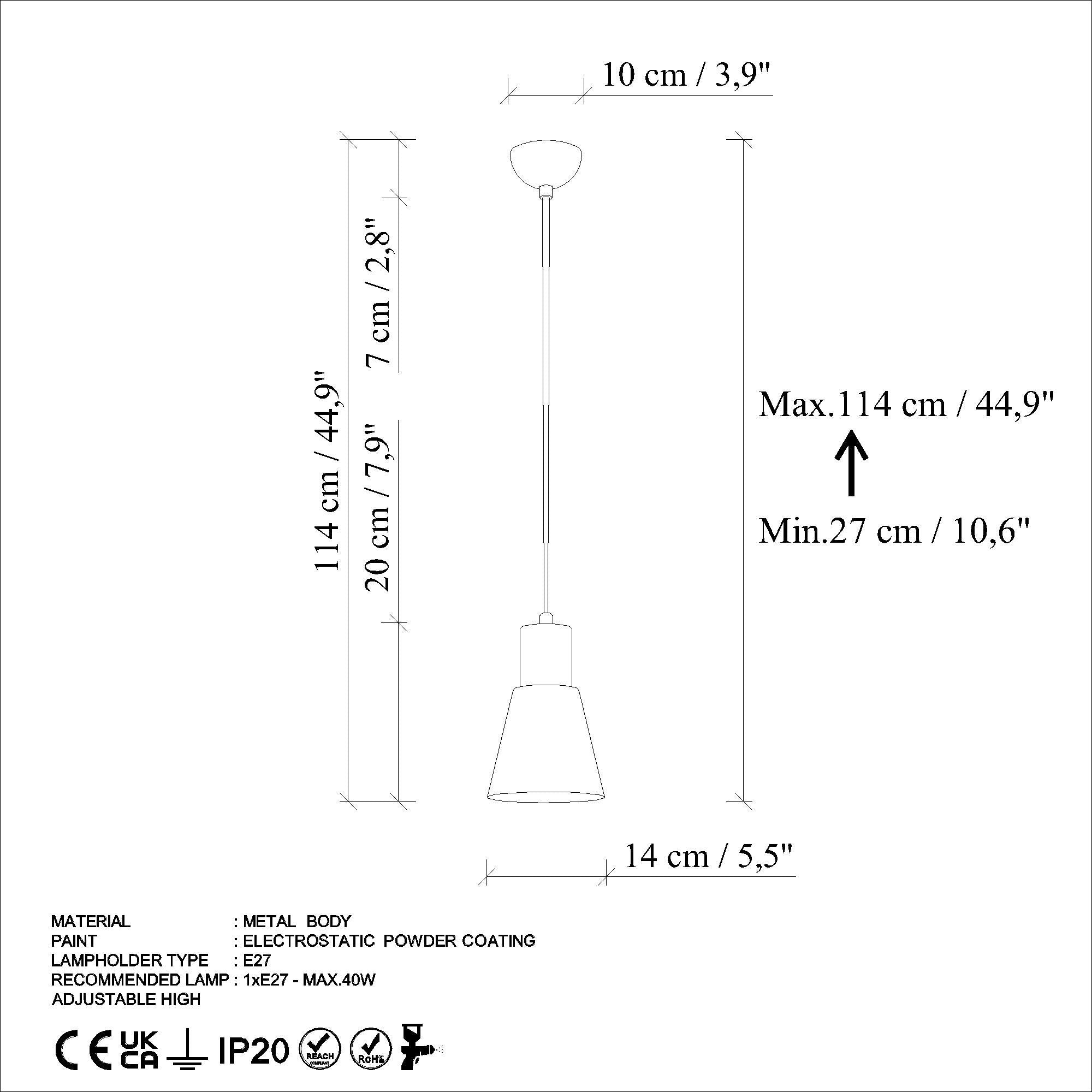 Candeeiro de Teto – altura ajustável de 27 a 114 cm – cor mint – metal