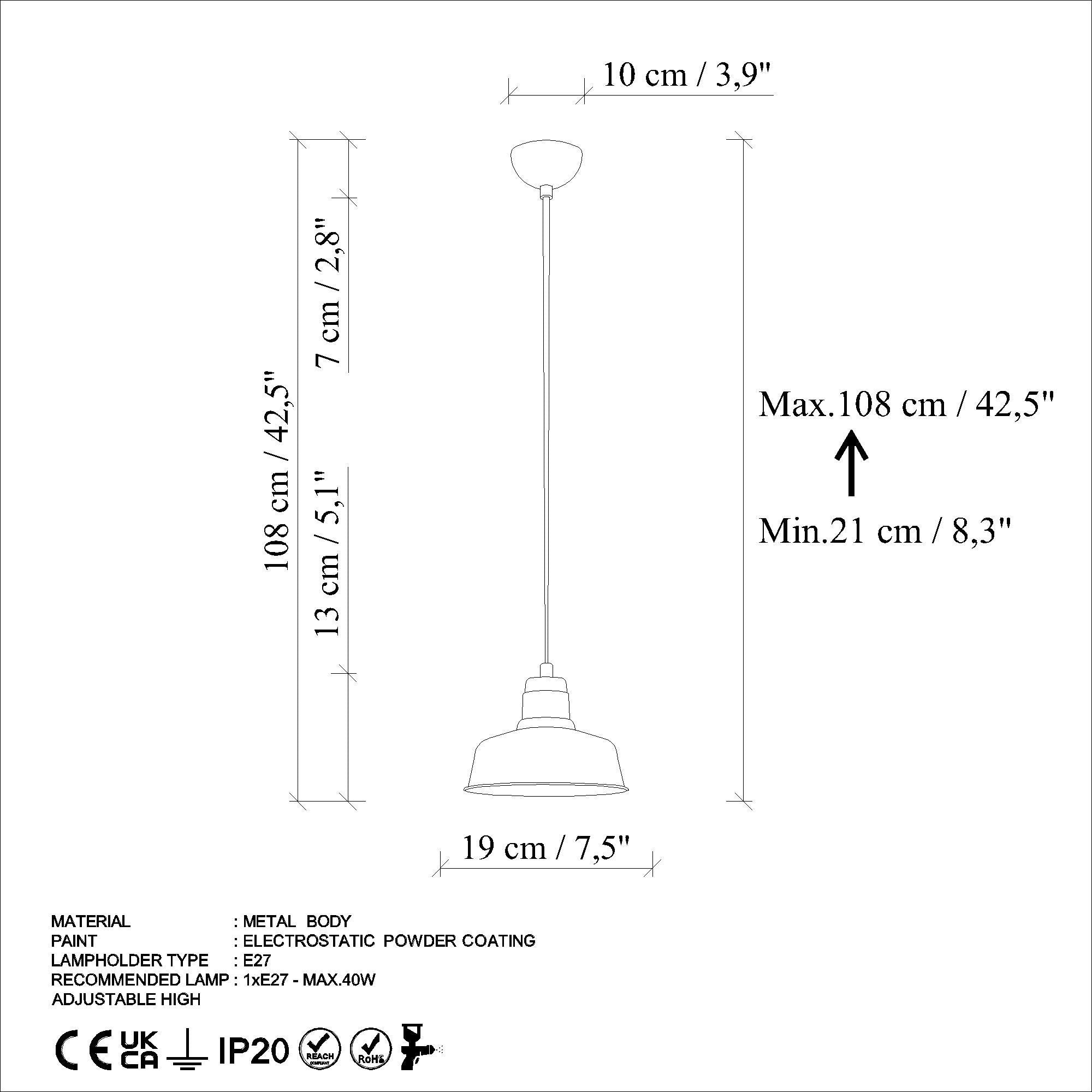 Candeeiro de Teto de metal – altura ajustável de 21 a 108 cm – cor turquesa – vidro