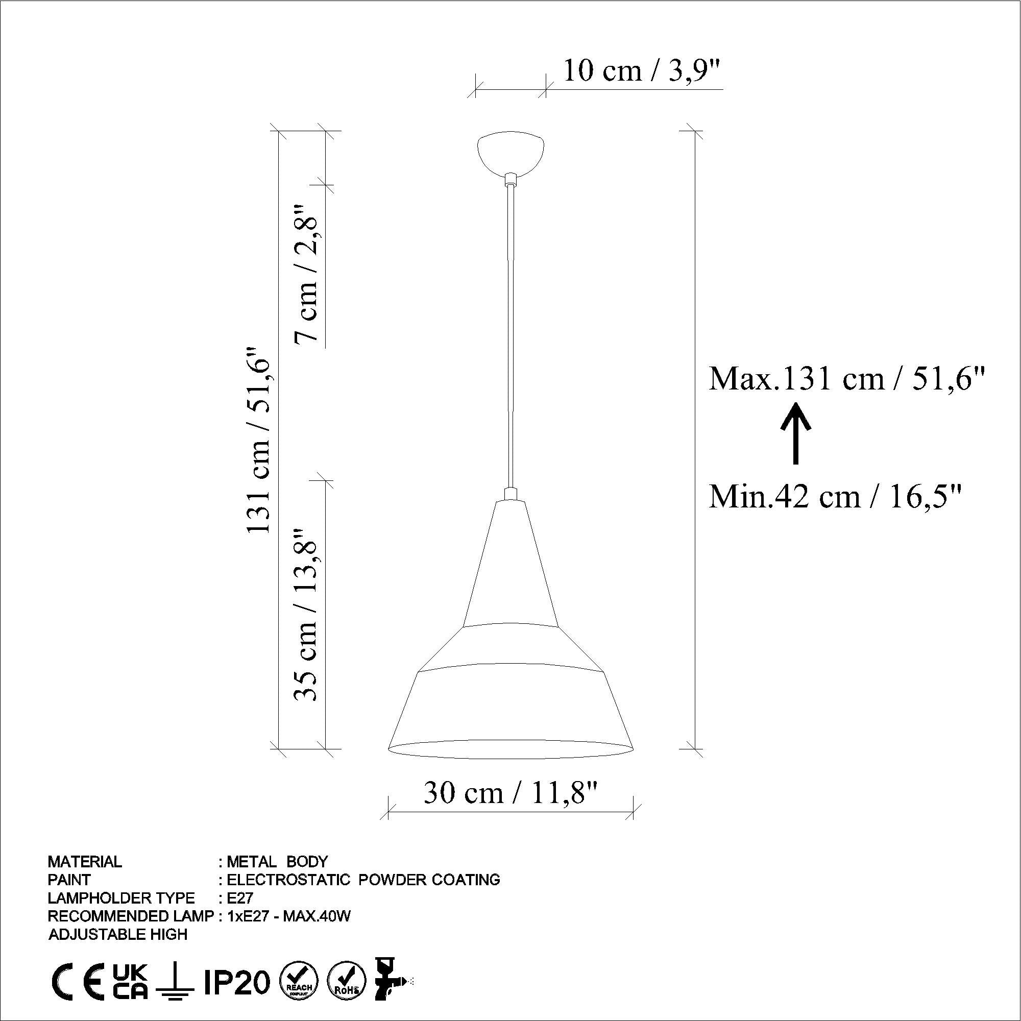 Candeeiro de Teto de metal – altura ajustável de 42 a 131 cm – turquesa –