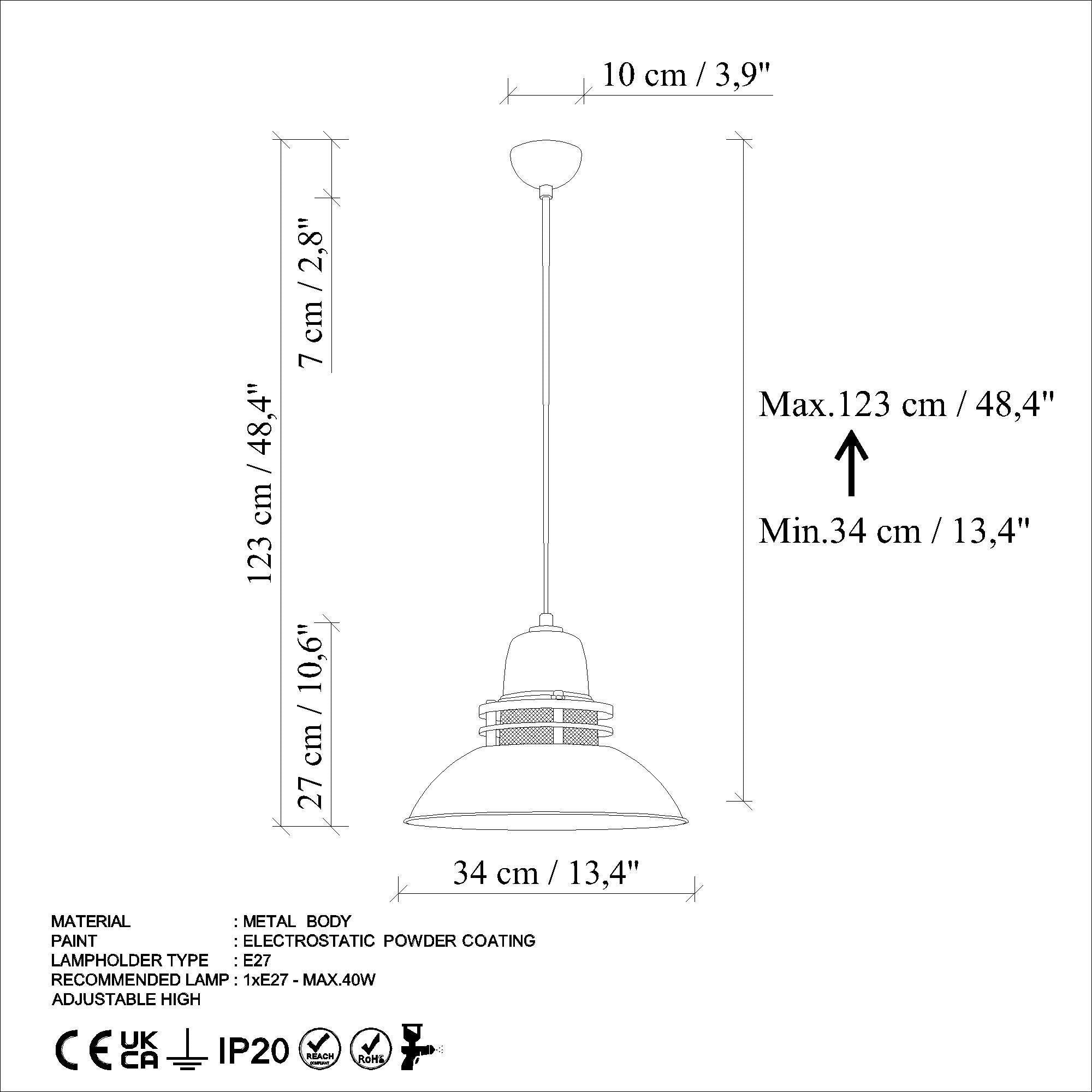 Candeeiro de Teto de metal – altura ajustável de 34 a 123 cm – turquesa