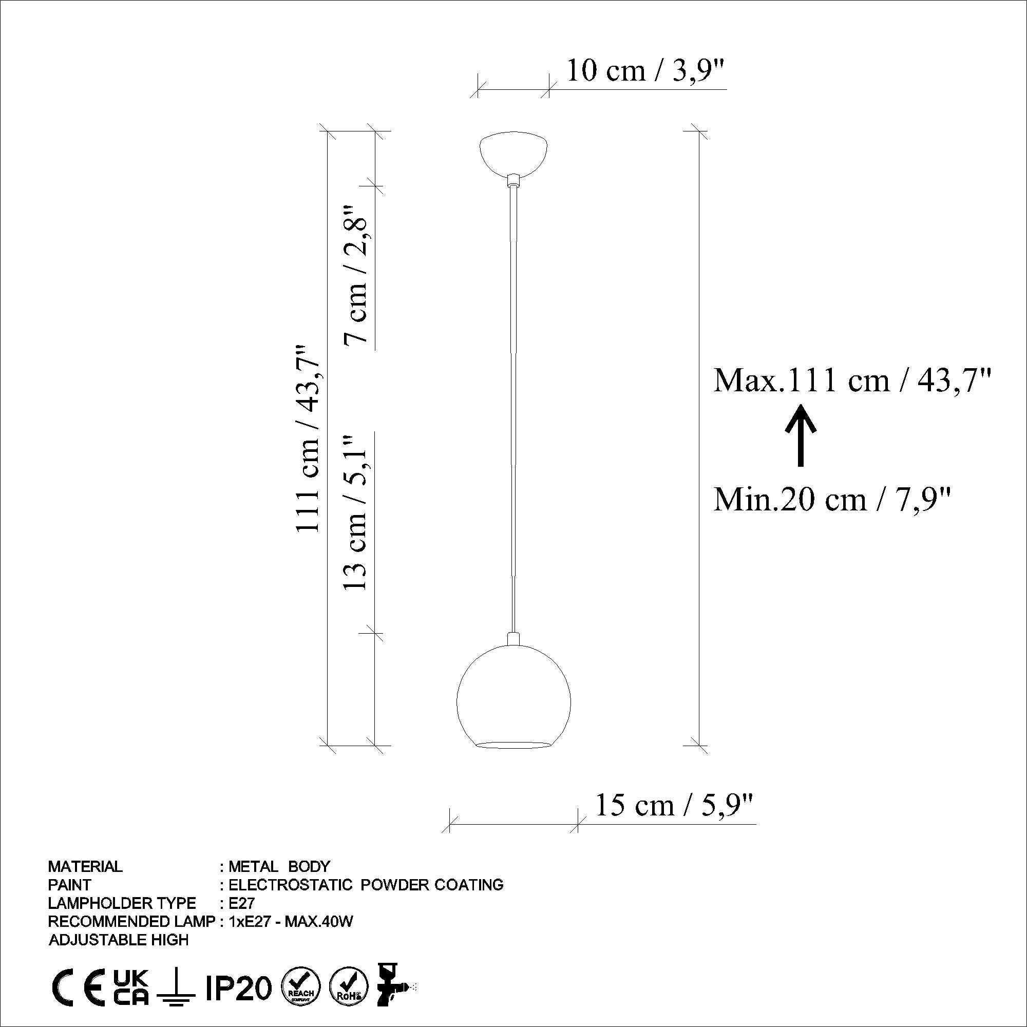 Candeeiro de Teto – Altura Ajustável 20-111 cm – Azul Claro – Metal