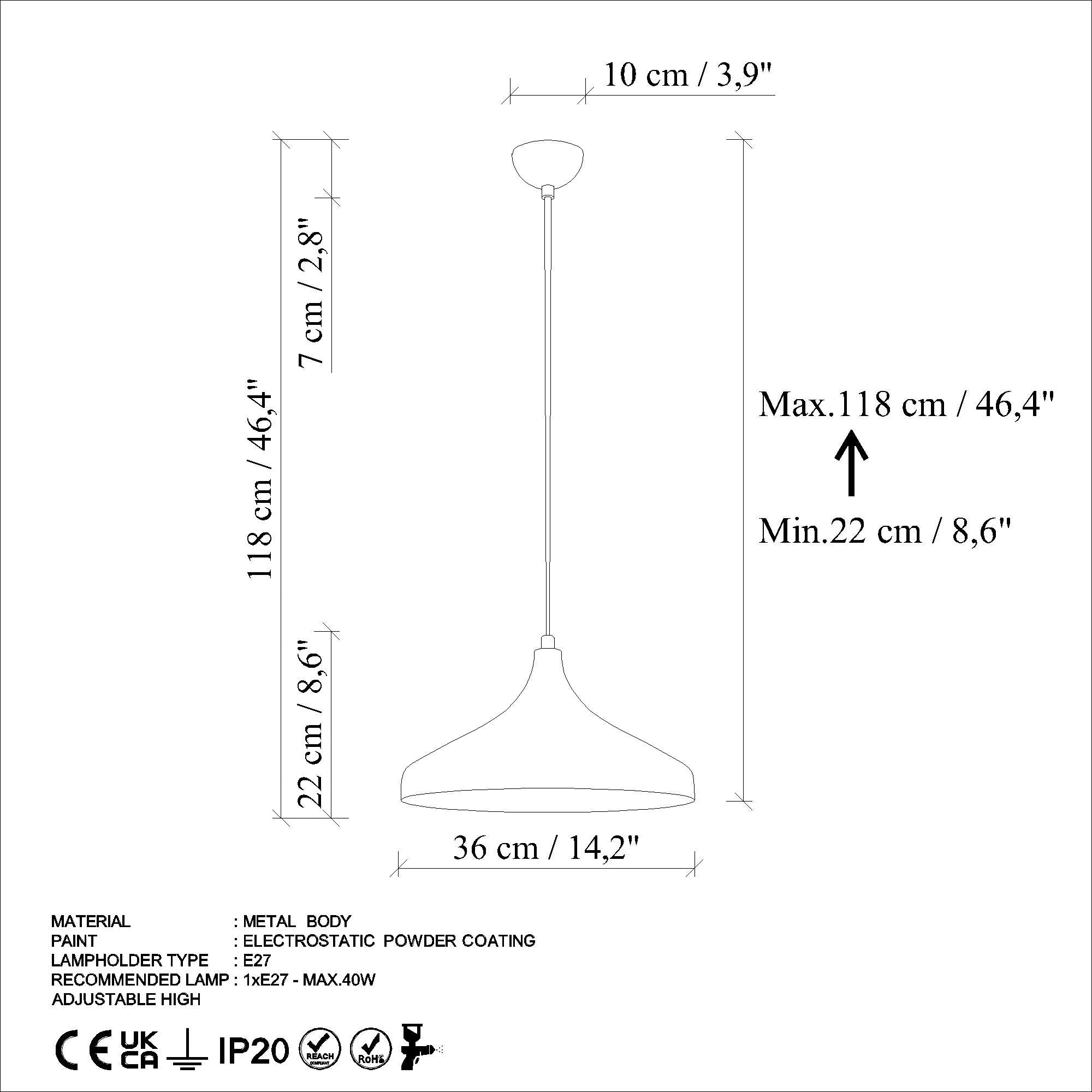Candeeiro de Teto – Ø36 cm – Laranja – Metal