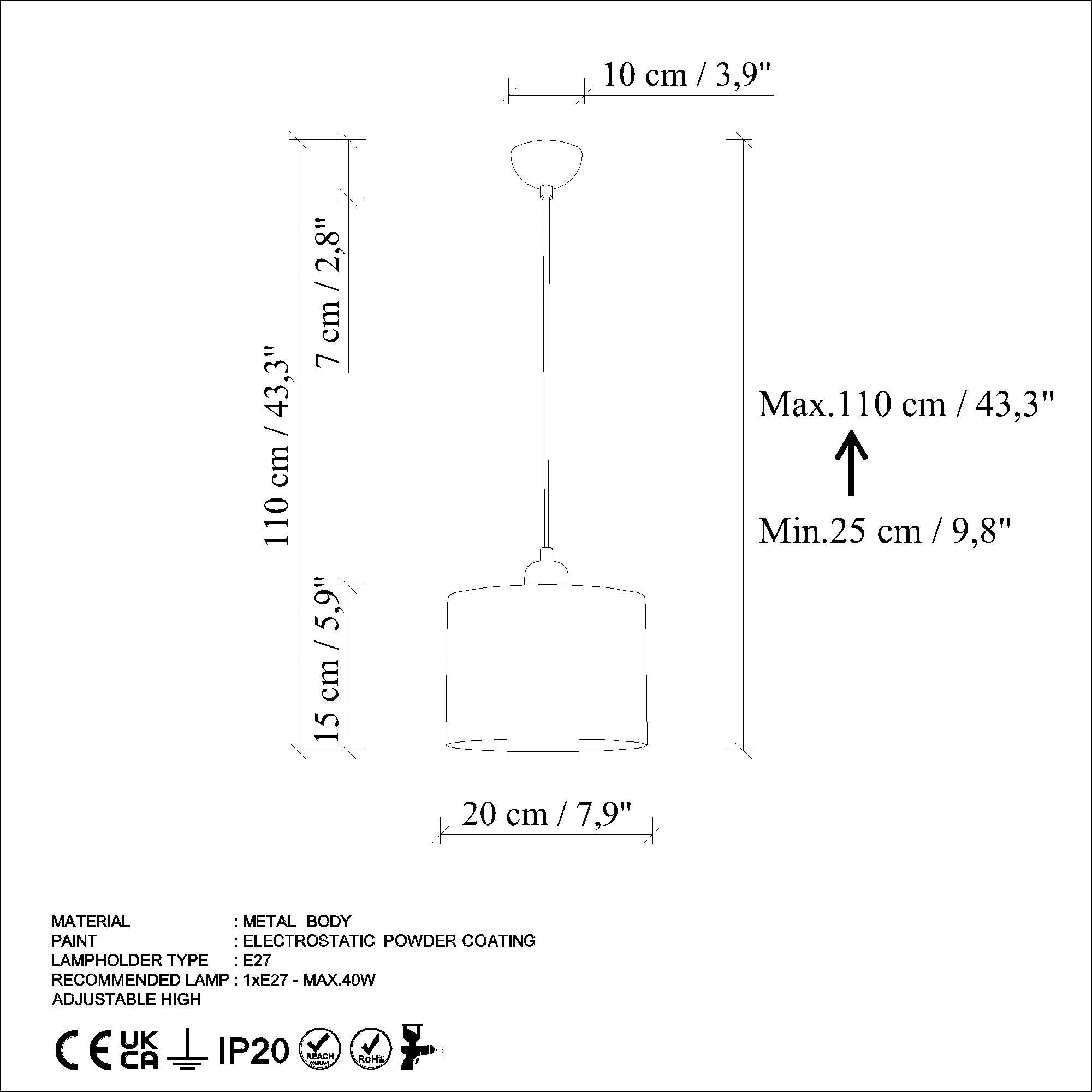 Candeeiro de Teto elegante – altura ajustável de 25 a 110 cm – menta – metal