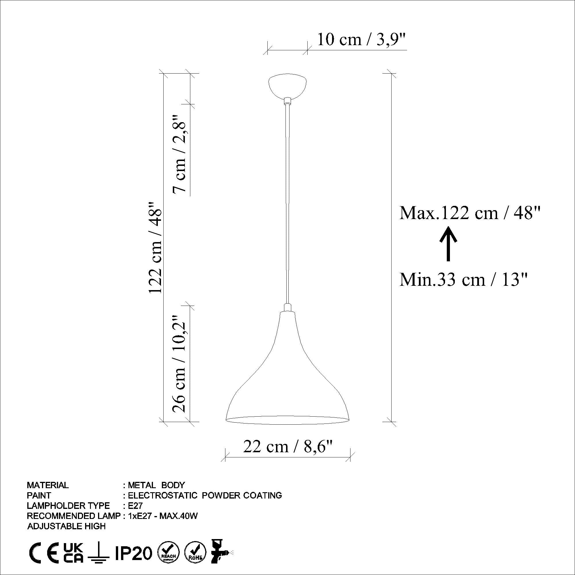 Candeeiro de Teto – Altura Ajustável 33-122 cm – Azul Claro – Metal