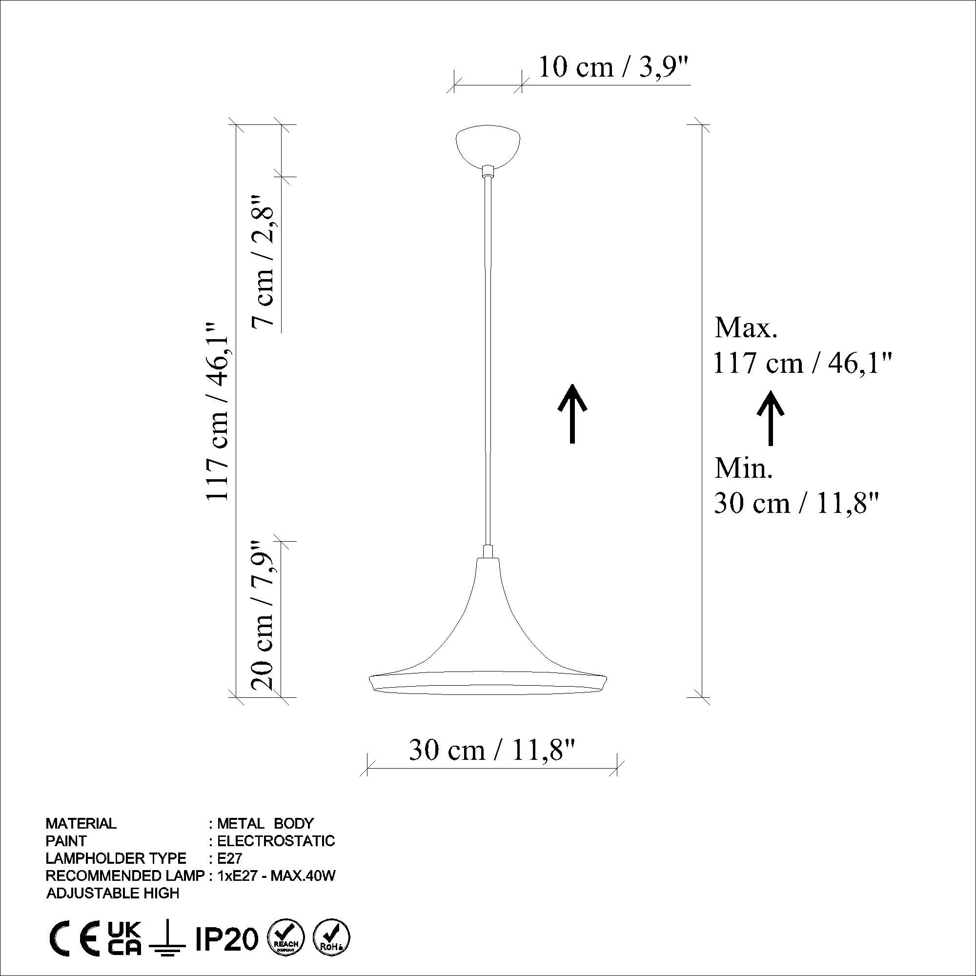 Candeeiro de Teto – altura ajustável de 30 a 117 cm – Cor Menta – corpo de metal