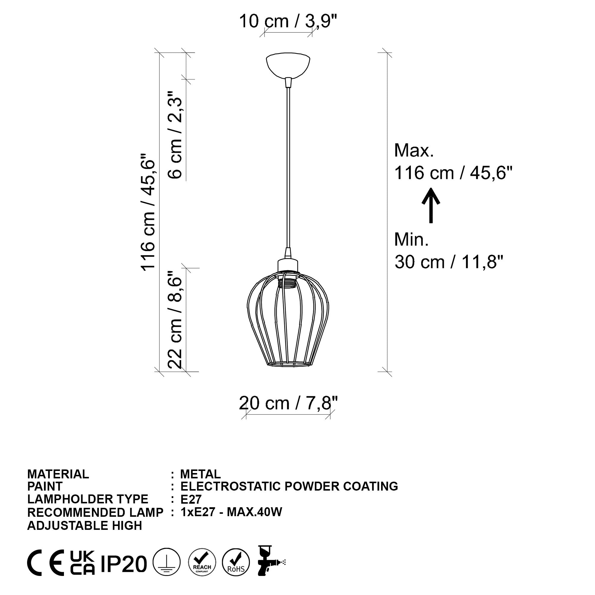 Candeeiro de Teto – 30 - 116 cm – Dourado – Metálico