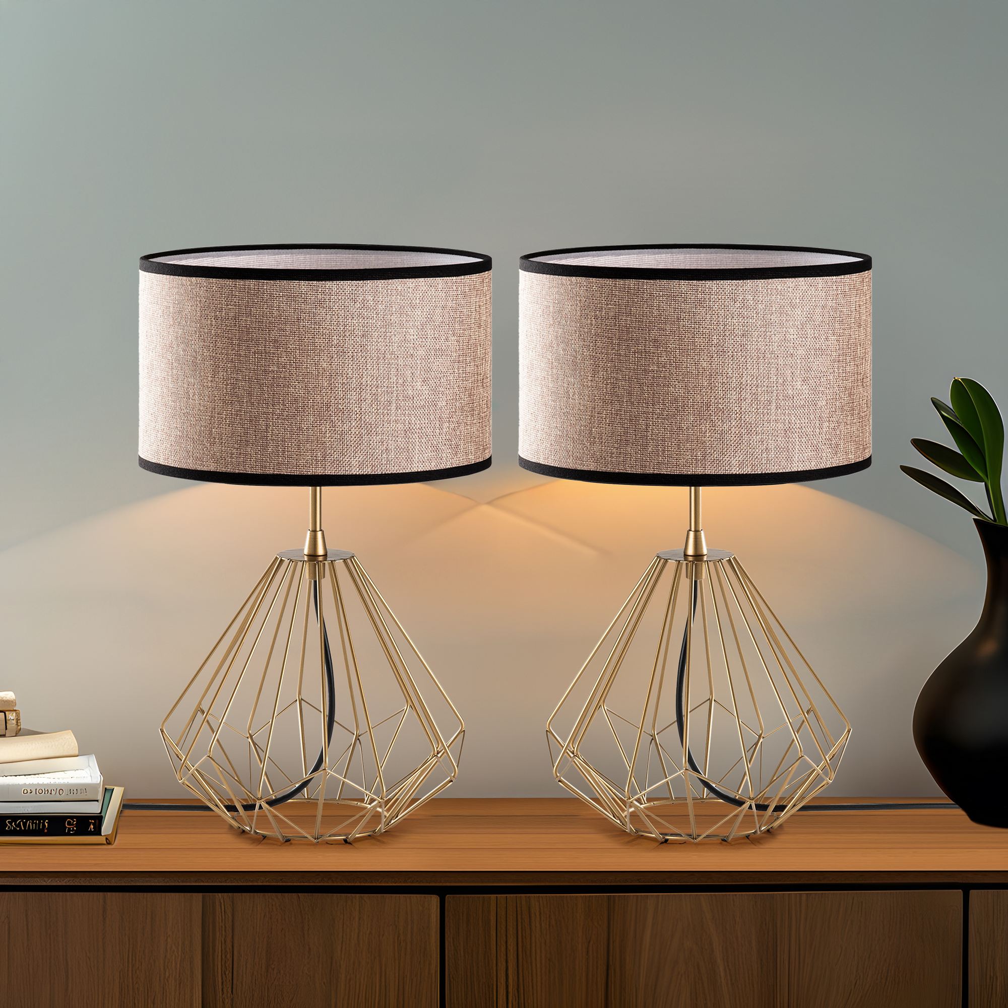 Conjunto de Candeeiros de Mesa – 25 x 25 x 43 cm – Dourado – Metal e Tecido