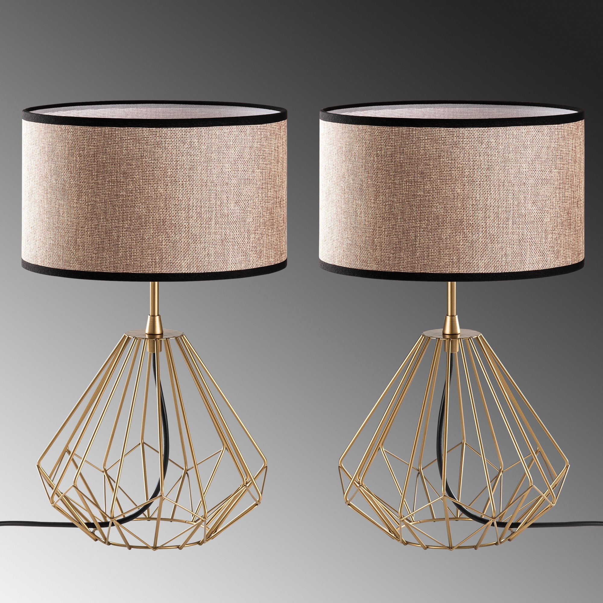Conjunto de Candeeiros de Mesa – 25 x 25 x 43 cm – Dourado – Metal e Tecido