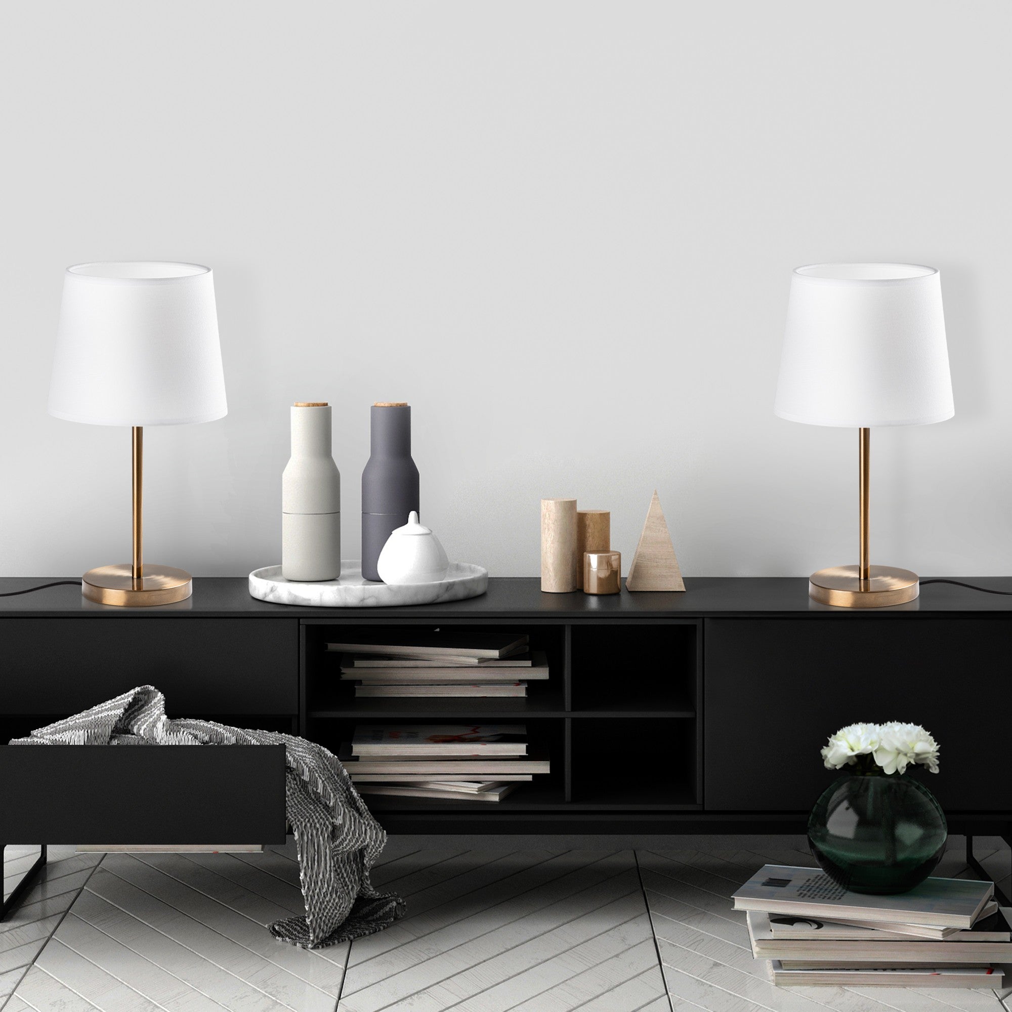 Conjunto de Candeeiros de Mesa – 21 x 21 x 39 cm – Antigo – Metal e Tecido