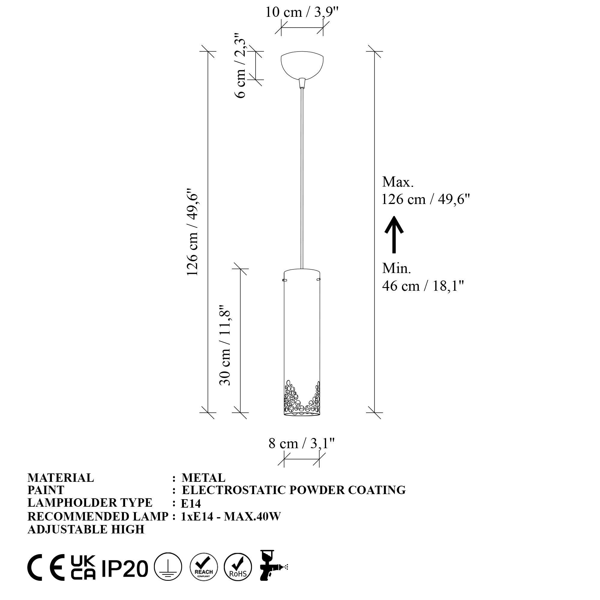 Candeeiro de Teto – 8 x 8 x 126 cm – Preto – Metal