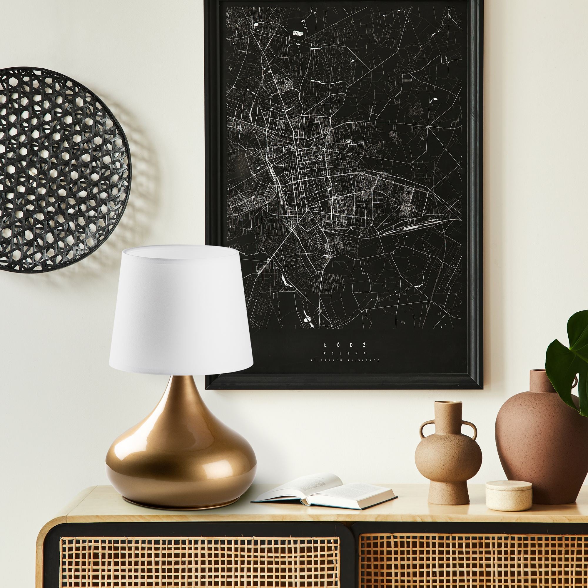 Candeeiro de Mesa – 30 x 30 x 53 cm – Dourado e Branco – Metálico