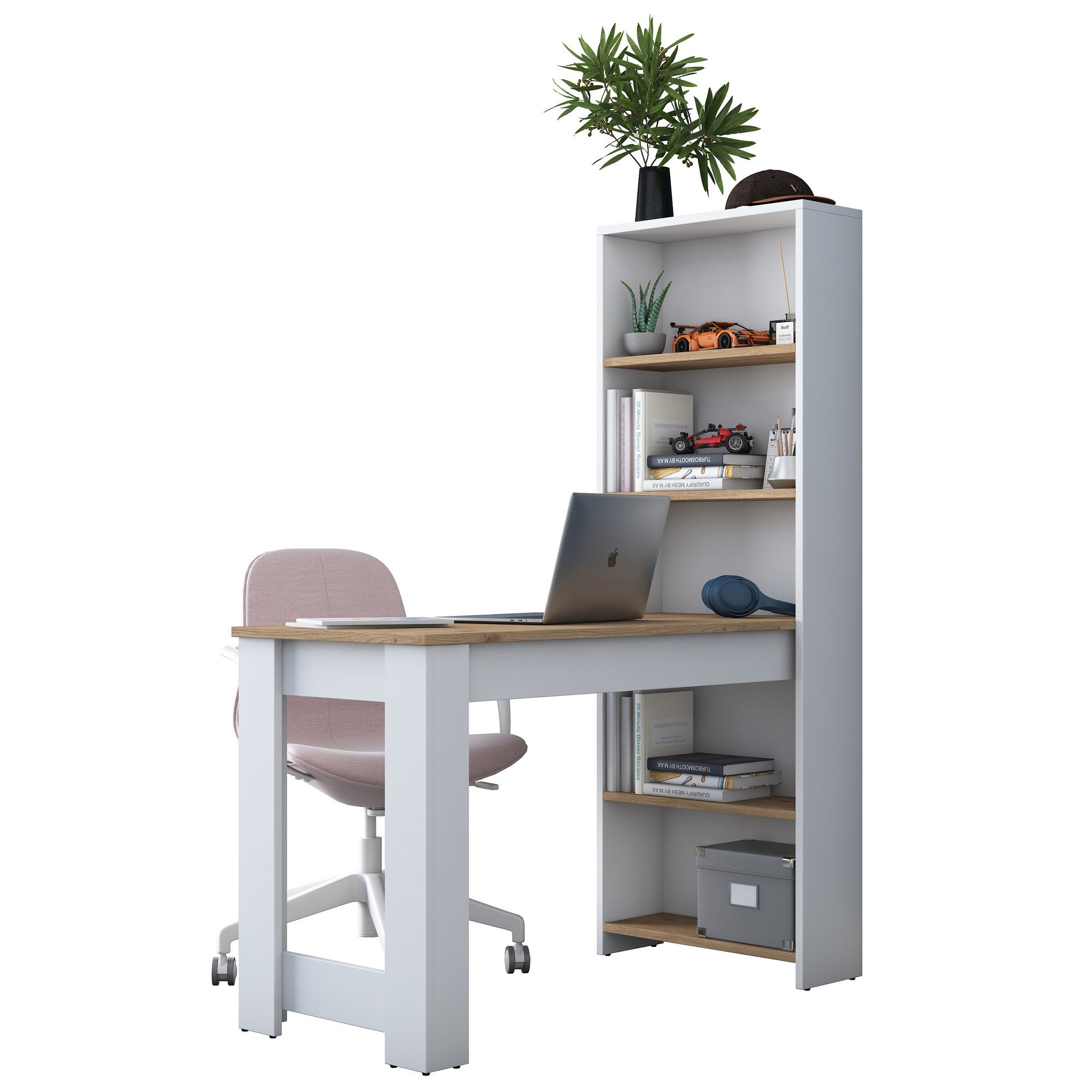 Secretária de Estudo moderna com prateleiras de parede – 120 x 153,6 x 53,8 cm – Branca e nogueira – Aglomerado