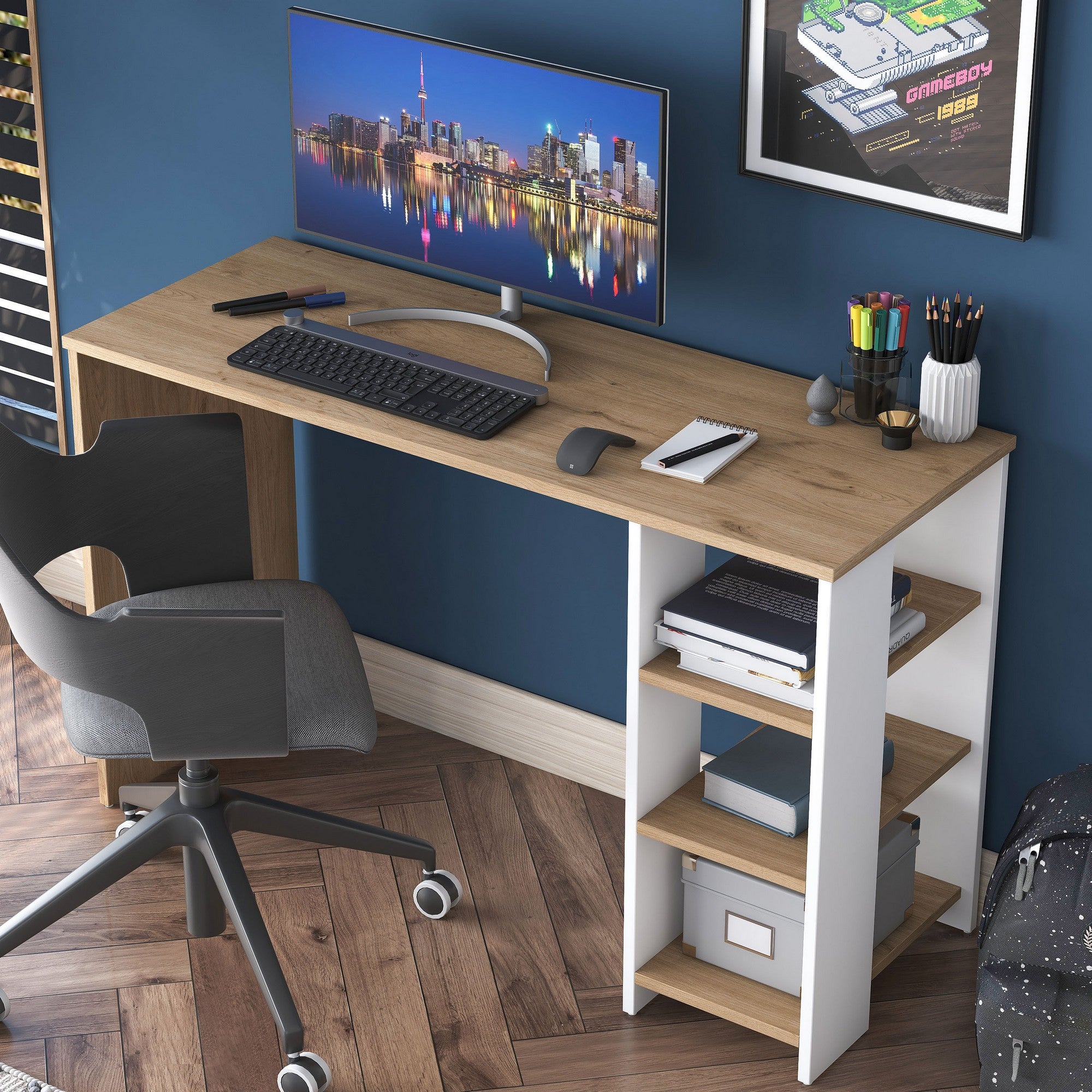 Secretária de Estudo – 120 cm x 73,8 cm x 45 cm – Nogueira e Branco – Aglomerado com Melamina