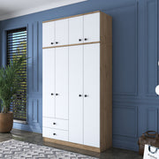 Guarda-roupa – 120 cm x 216,8 cm x 42,5 cm – nogueira e branco – painel de partículas revestido em melamina