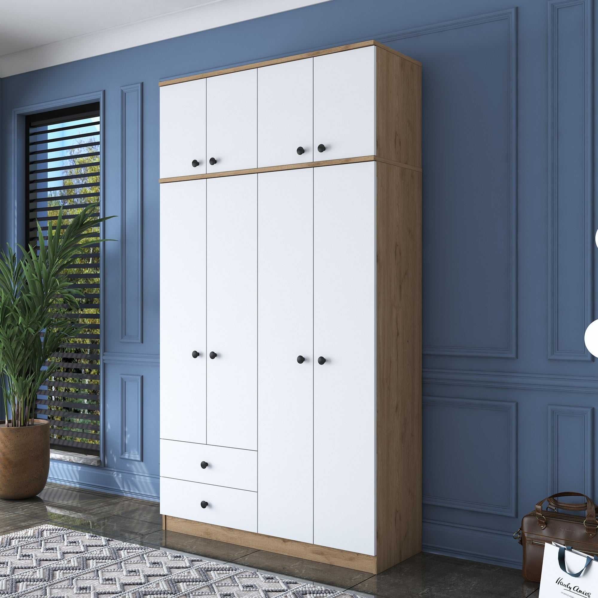 Guarda-roupa – 120 cm x 216,8 cm x 42,5 cm – nogueira e branco – painel de partículas revestido em melamina