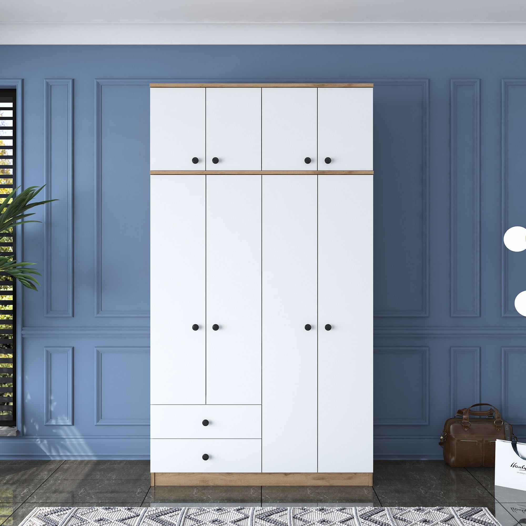 Guarda-roupa – 120 cm x 216,8 cm x 42,5 cm – nogueira e branco – painel de partículas revestido em melamina