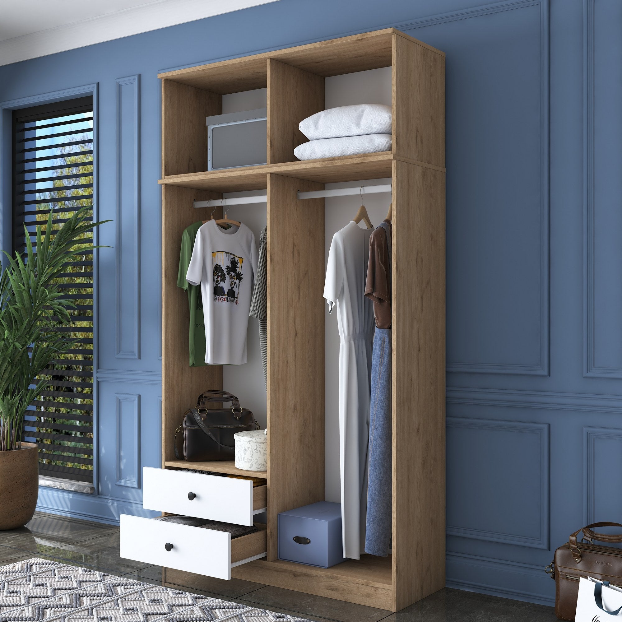 Guarda-roupa – 120 cm x 216,8 cm x 42,5 cm – nogueira e branco – painel de partículas revestido em melamina