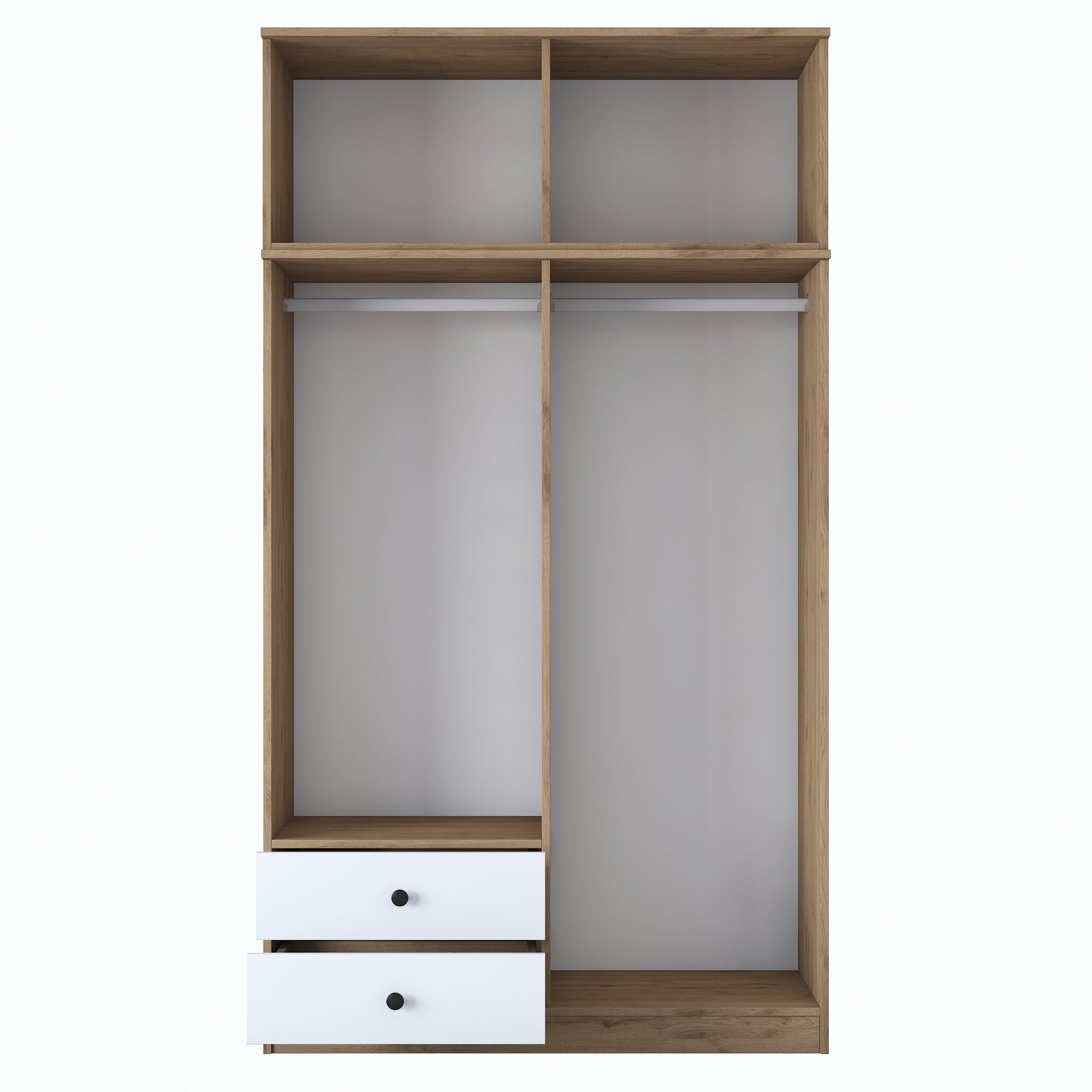 Guarda-roupa – 120 cm x 216,8 cm x 42,5 cm – nogueira e branco – painel de partículas revestido em melamina