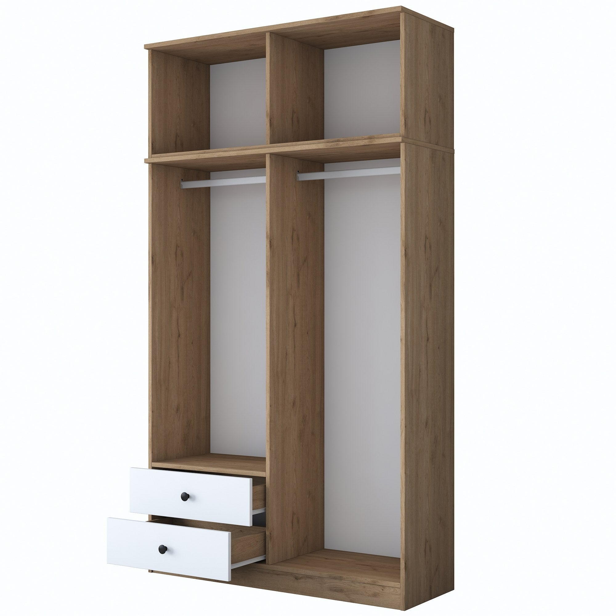 Guarda-roupa – 120 cm x 216,8 cm x 42,5 cm – nogueira e branco – painel de partículas revestido em melamina