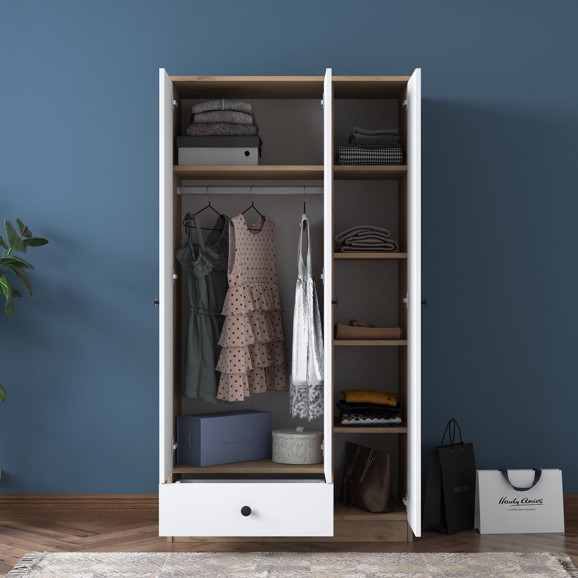 Guarda-roupa escandinavo – 90 x 170 x 42,5 cm – Nogueira e Branco – Painel de partículas revestido a melamina