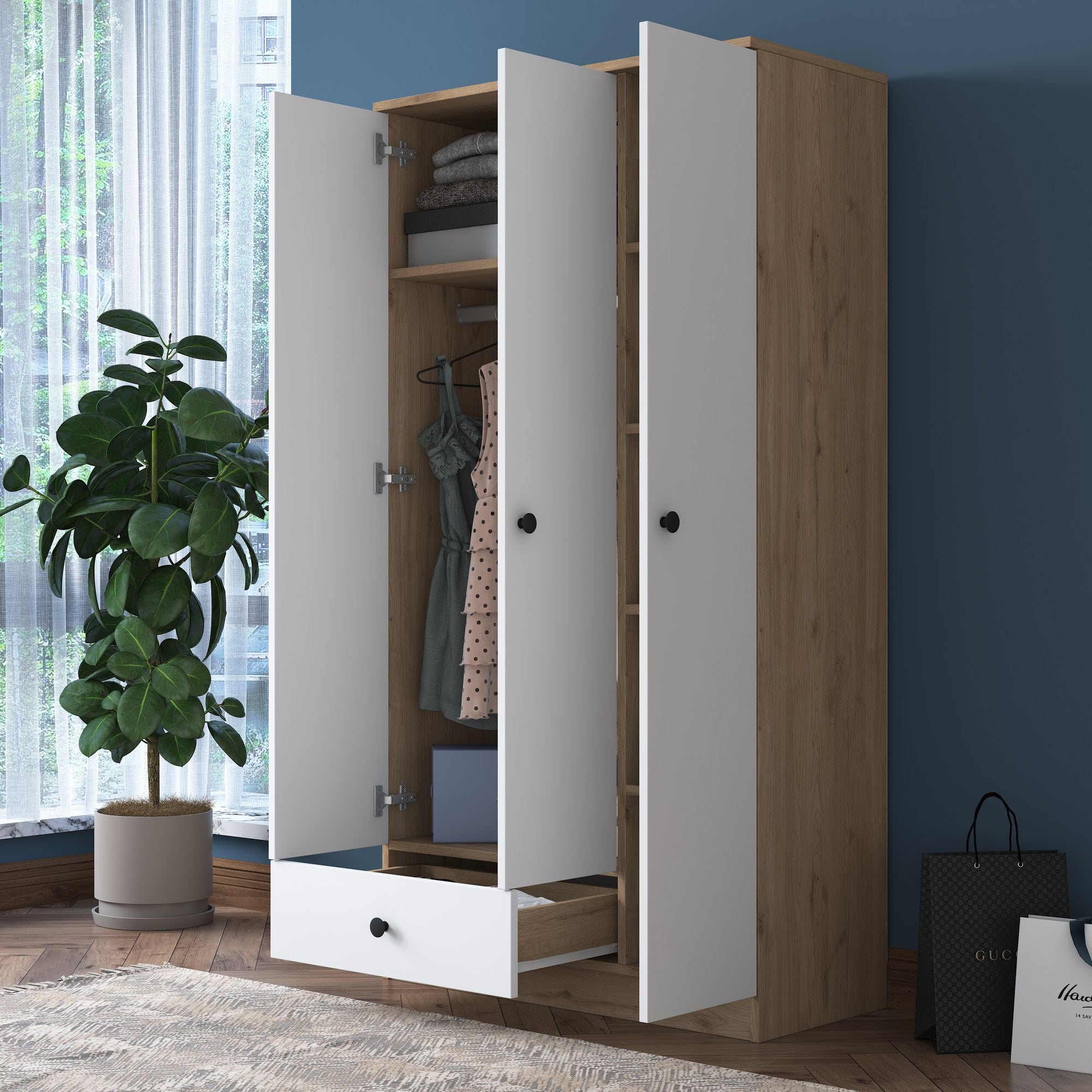 Guarda-roupa escandinavo – 90 x 170 x 42,5 cm – Nogueira e Branco – Painel de partículas revestido a melamina