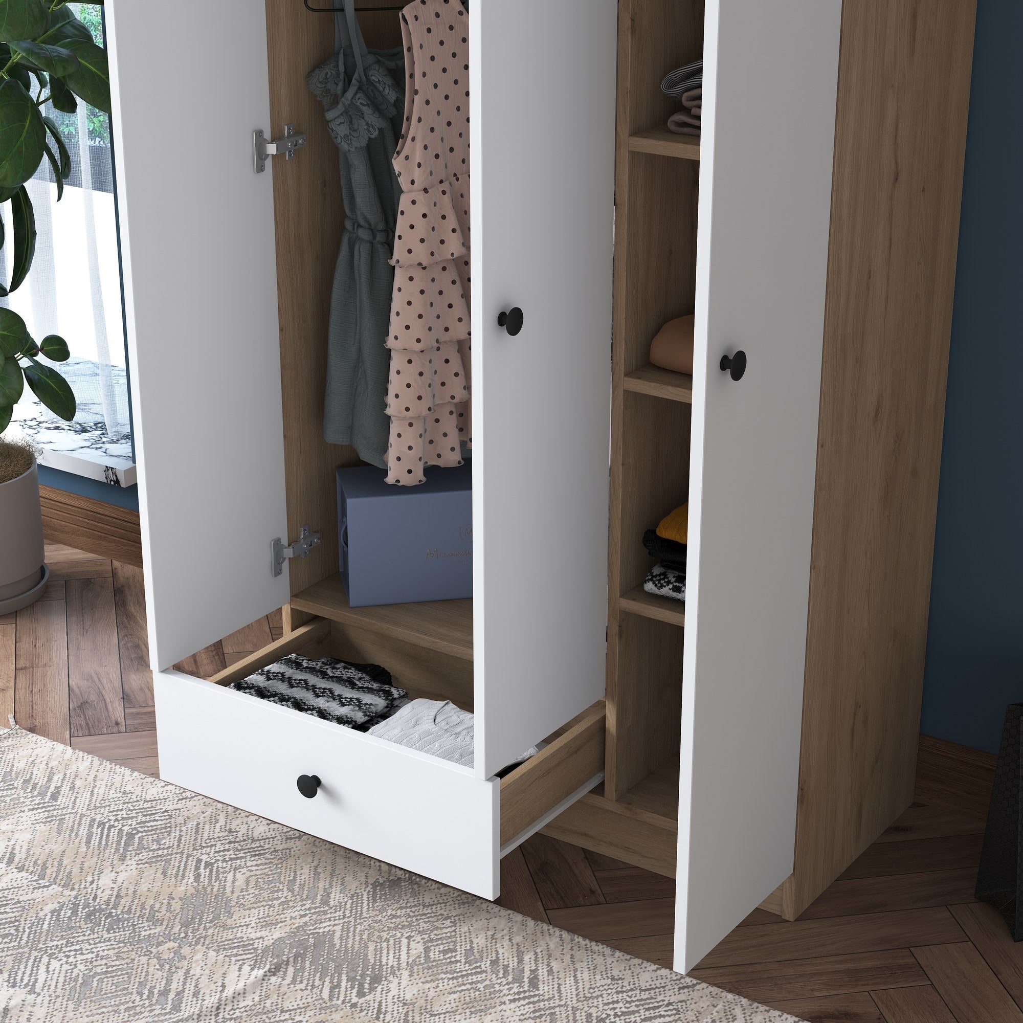 Guarda-roupa escandinavo – 90 x 170 x 42,5 cm – Nogueira e Branco – Painel de partículas revestido a melamina