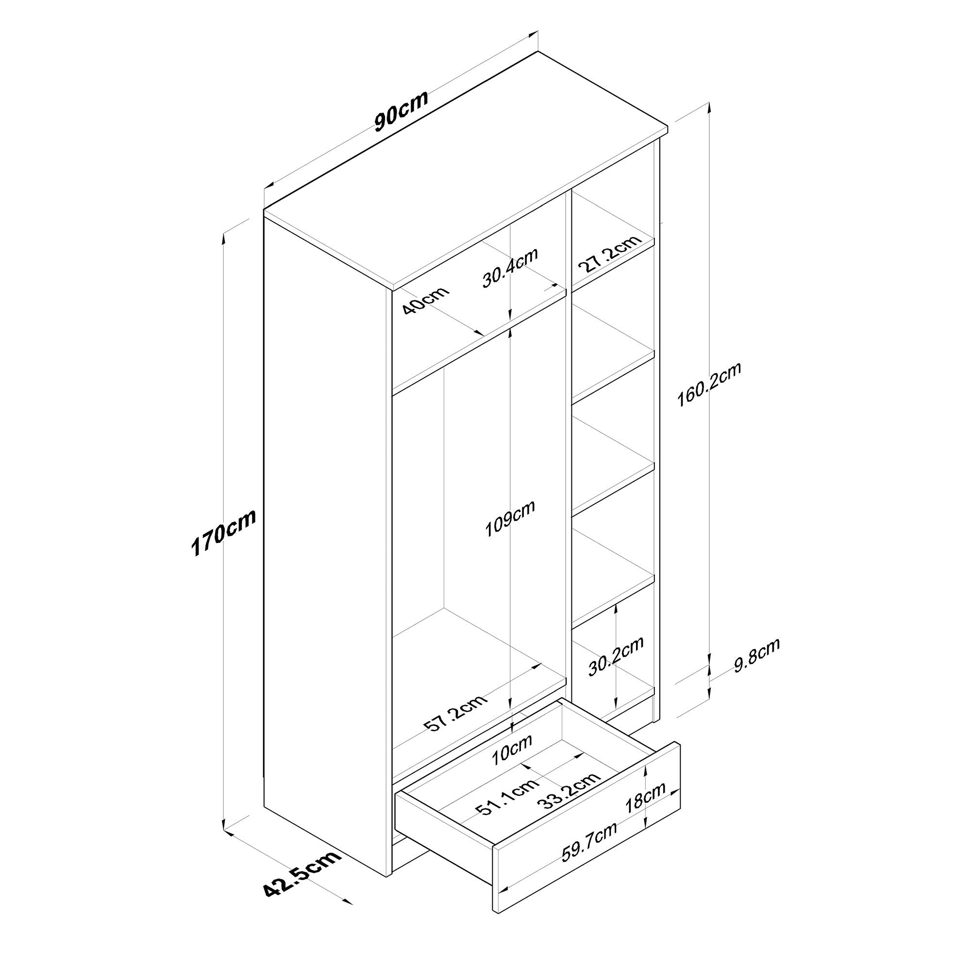 Guarda-roupa escandinavo – 90 x 170 x 42,5 cm – Nogueira e Branco – Painel de partículas revestido a melamina