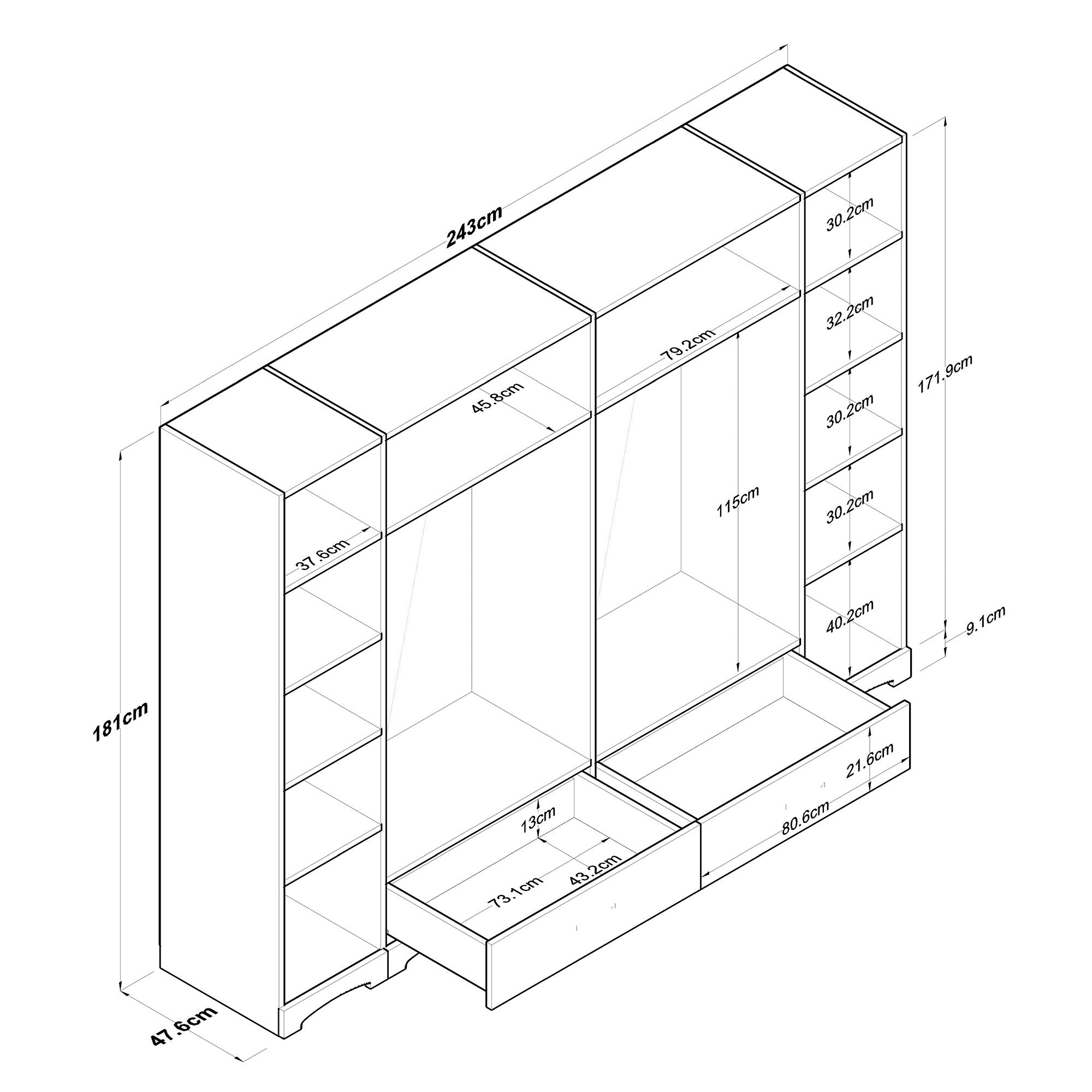 Guarda-roupa – 243 cm x 181 cm x 47,6 cm – Branco – Aglomerado E1 revestido a melamina