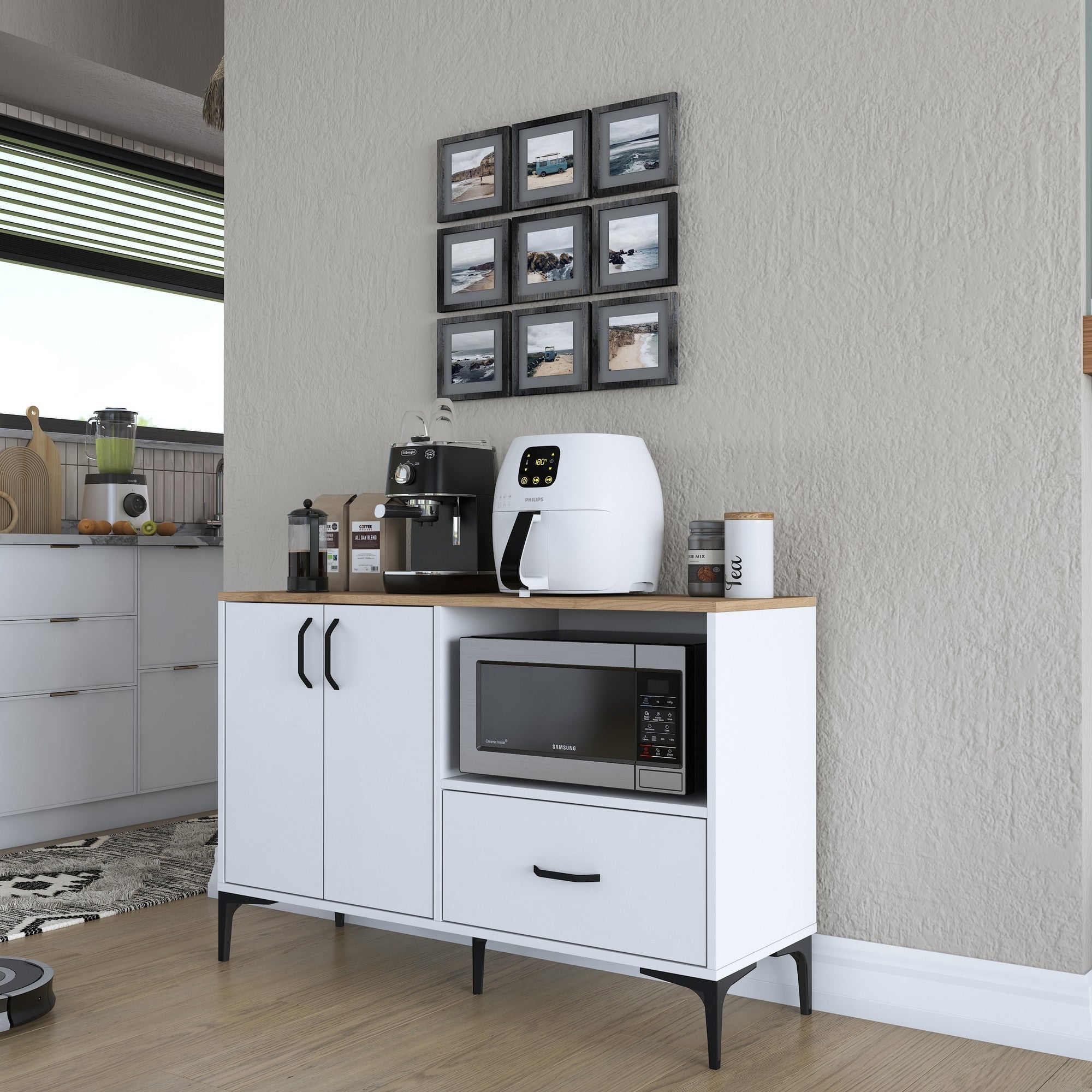 Armário multifuncional versátil, branco e nogueira, 120 x 78,6 x 40 cm | Aglomerado E1 100% revestido em melamina, 18 mm de espessura | Montável na parede, amplas prateleiras para armazenamento extra