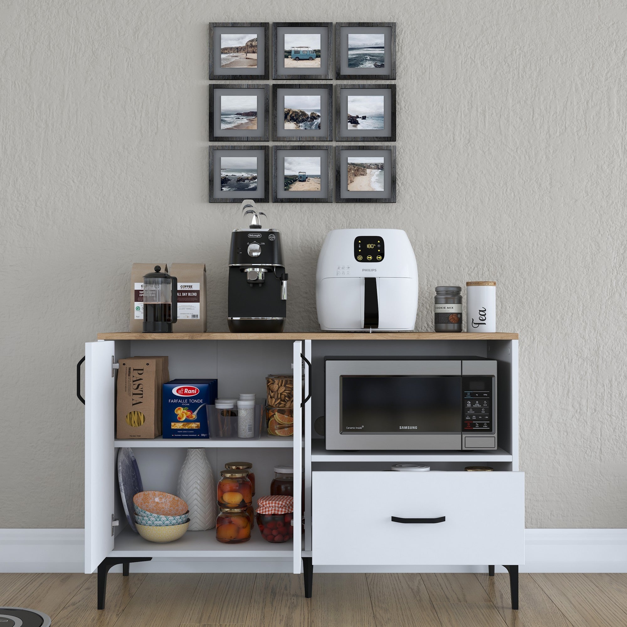 Armário multifuncional versátil, branco e nogueira, 120 x 78,6 x 40 cm | Aglomerado E1 100% revestido em melamina, 18 mm de espessura | Montável na parede, amplas prateleiras para armazenamento extra