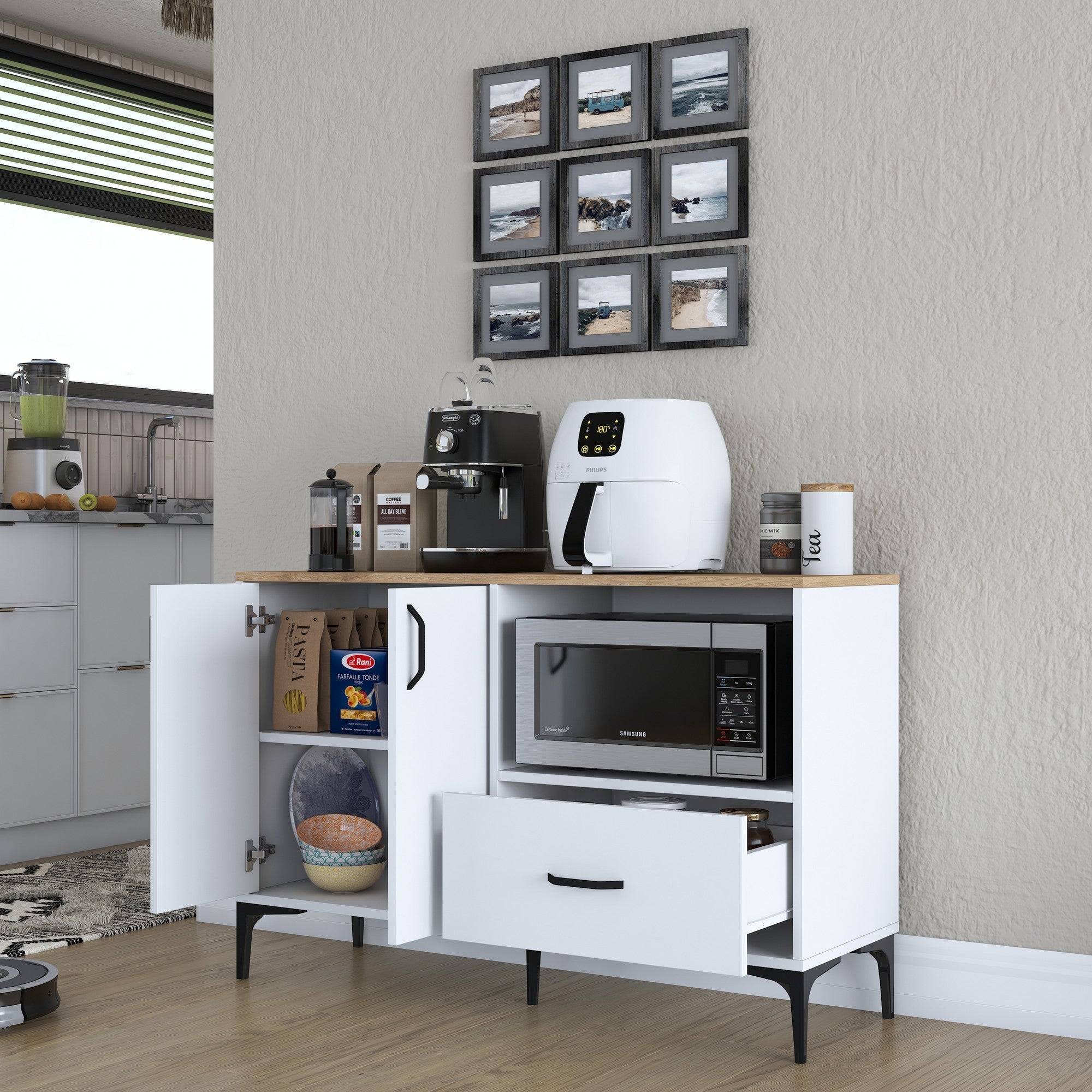 Armário multifuncional versátil, branco e nogueira, 120 x 78,6 x 40 cm | Aglomerado E1 100% revestido em melamina, 18 mm de espessura | Montável na parede, amplas prateleiras para armazenamento extra