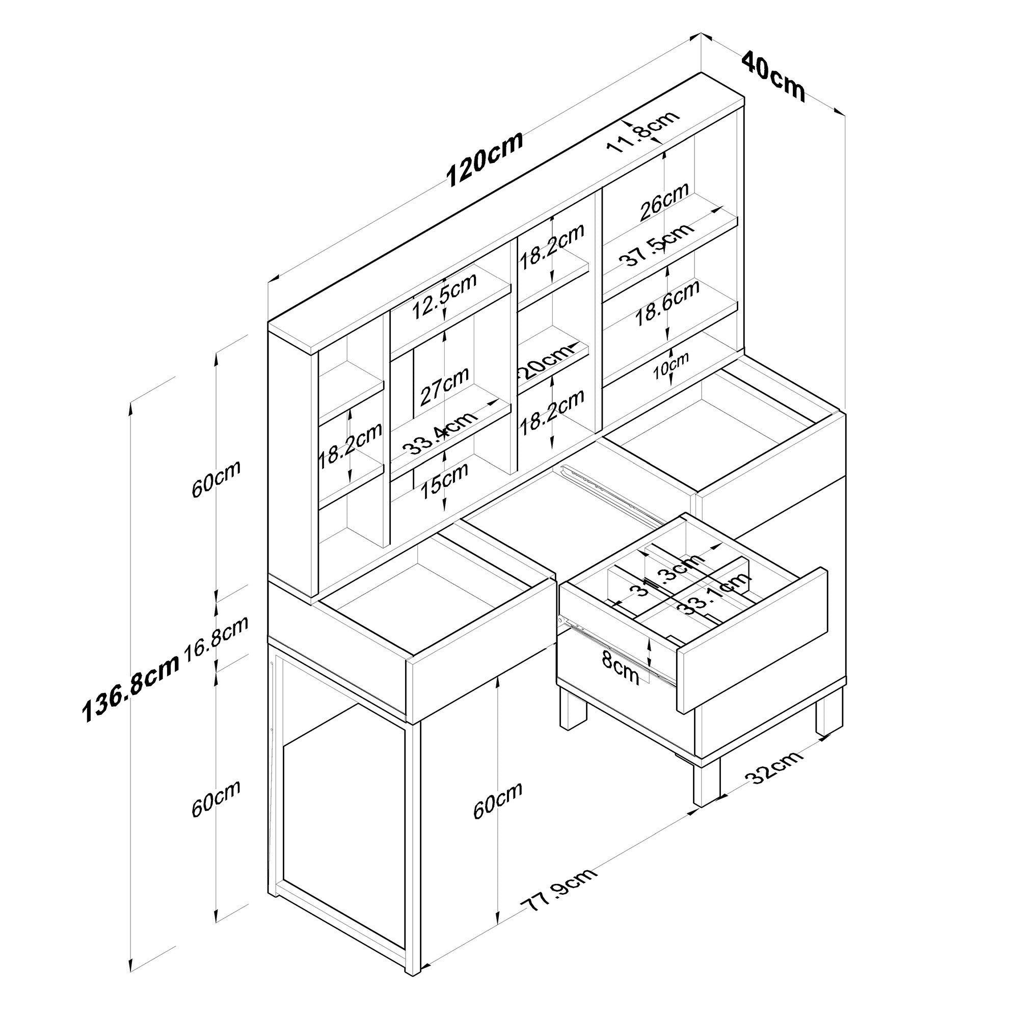 Toucador em MDF – 120cm x 136,8cm x 40cm – Branco – MDF