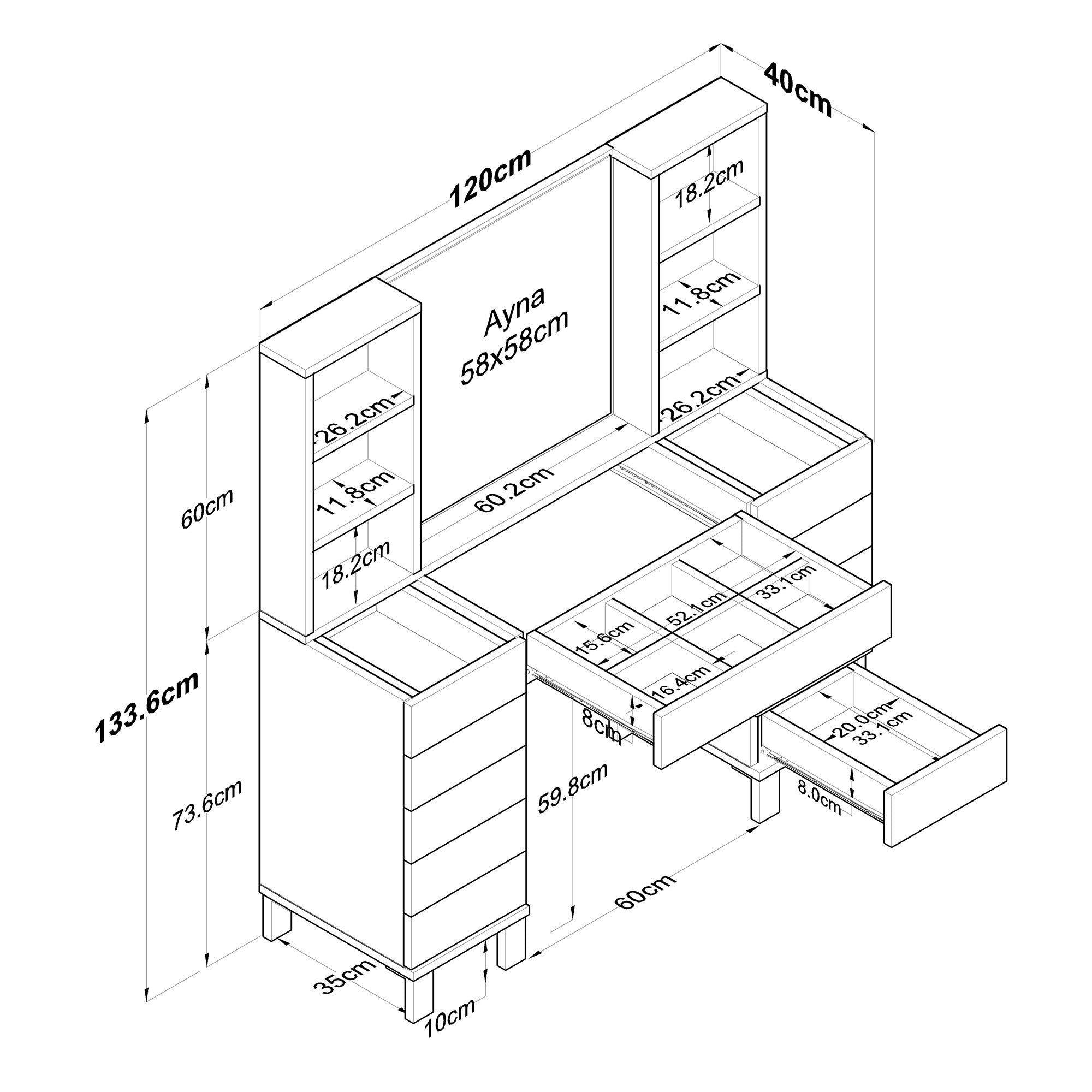 Toucador – 120 cm x 133,8 cm x 40 cm – Branco – MDF