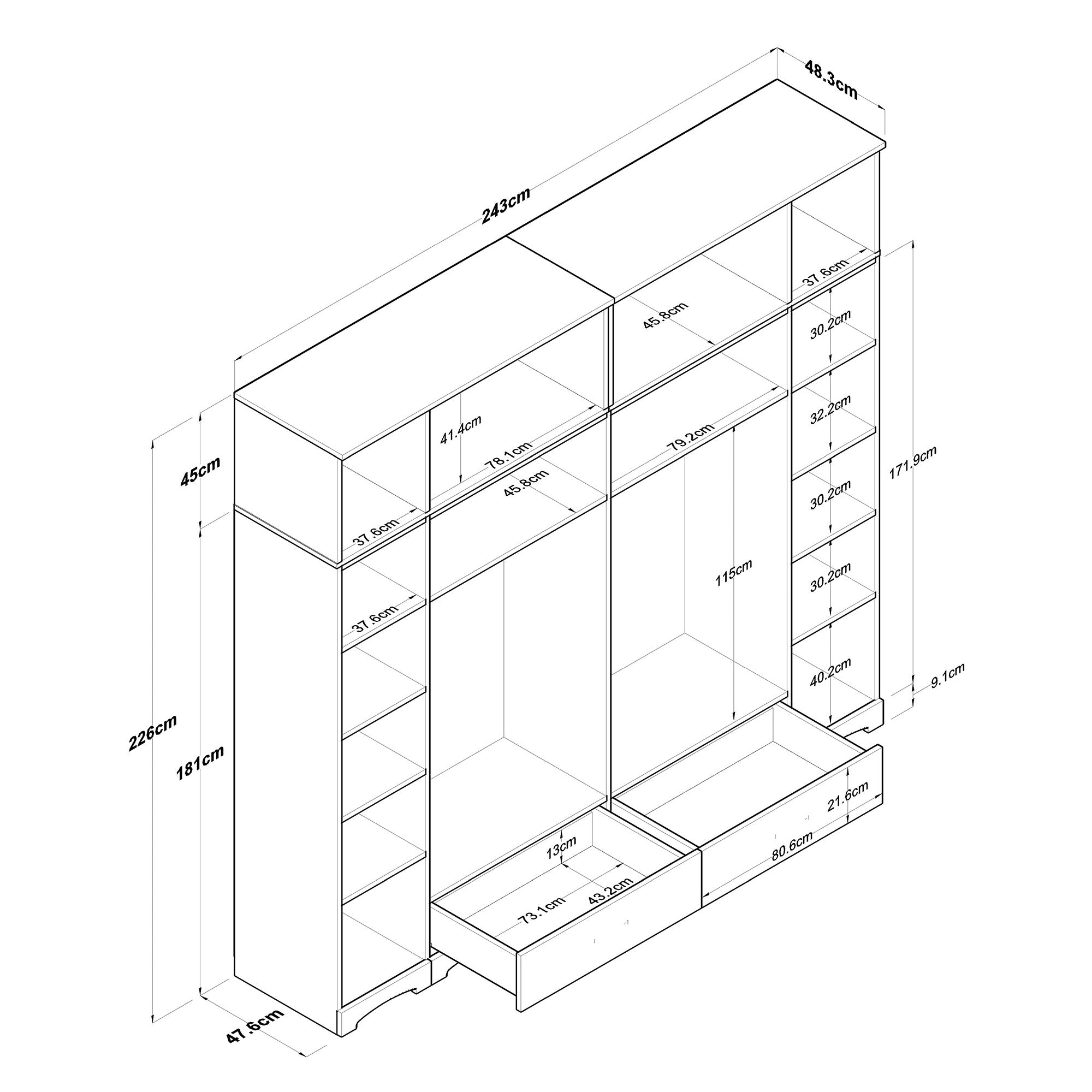 Guarda-roupa de aglomerado – 245 cm x 226 cm x 48,3 cm – Branco – Aglomerado