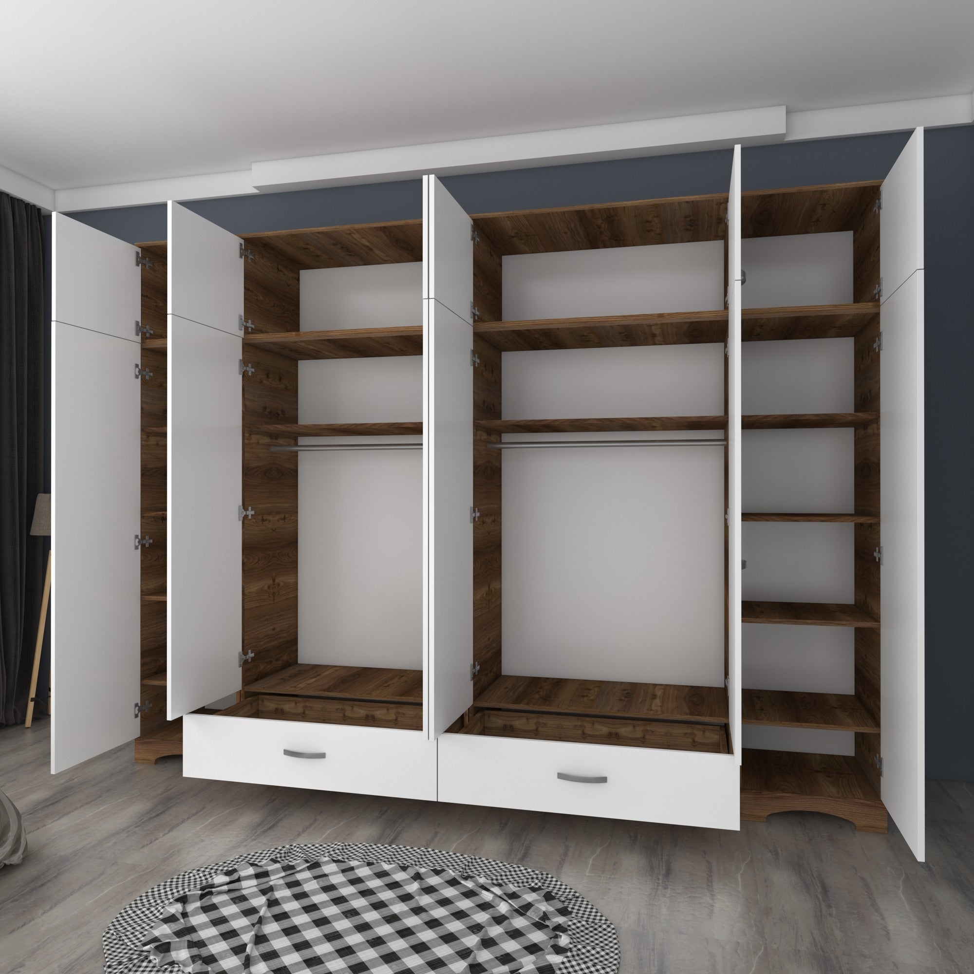 Guarda-roupa – 243cm x 226cm x 48,3cm – Nogueira e branco – Aglomerado de melamina