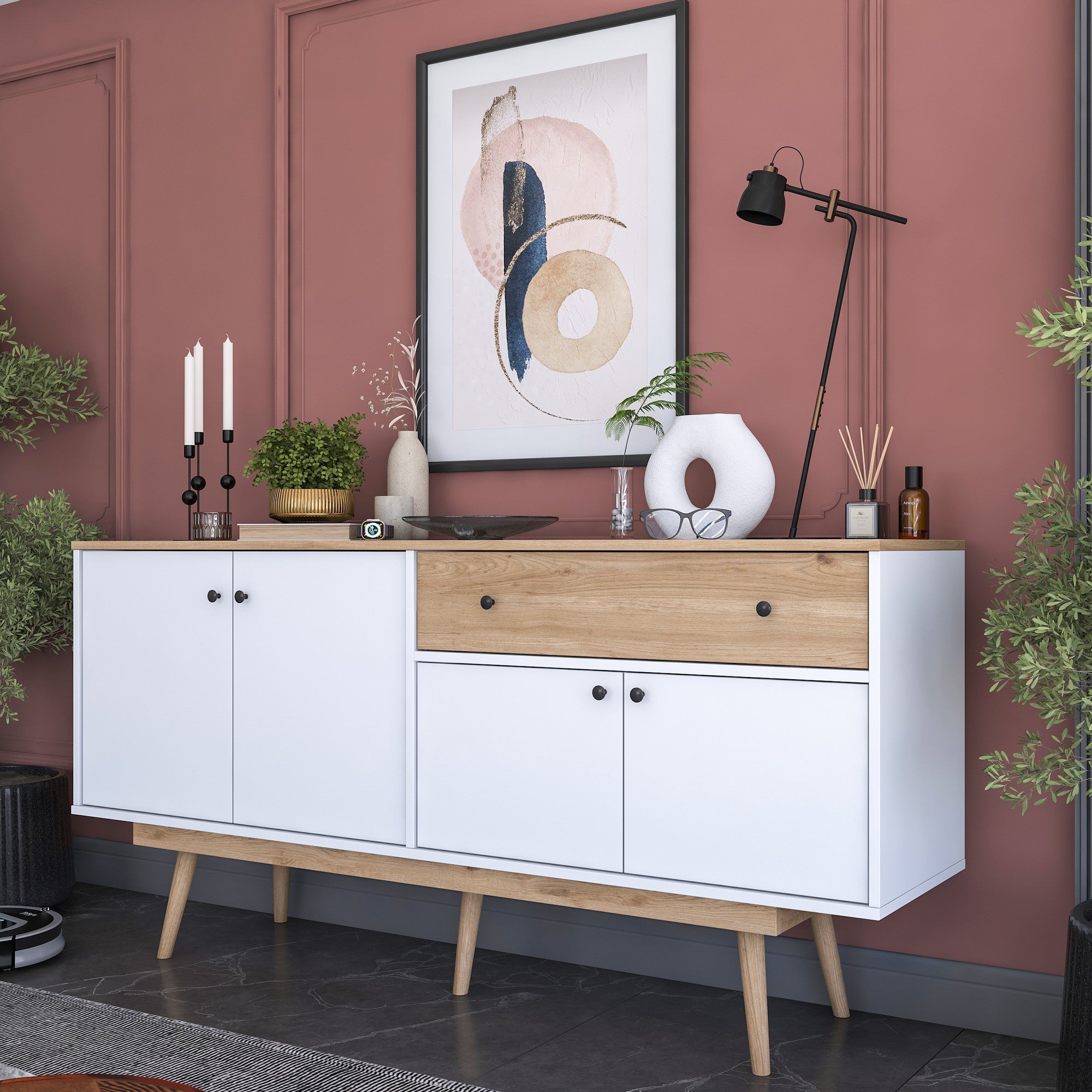 Aparador de Aglomerado – 180 cm x 87,6 cm x 45 cm – Nogueira e Branco – Aglomerado