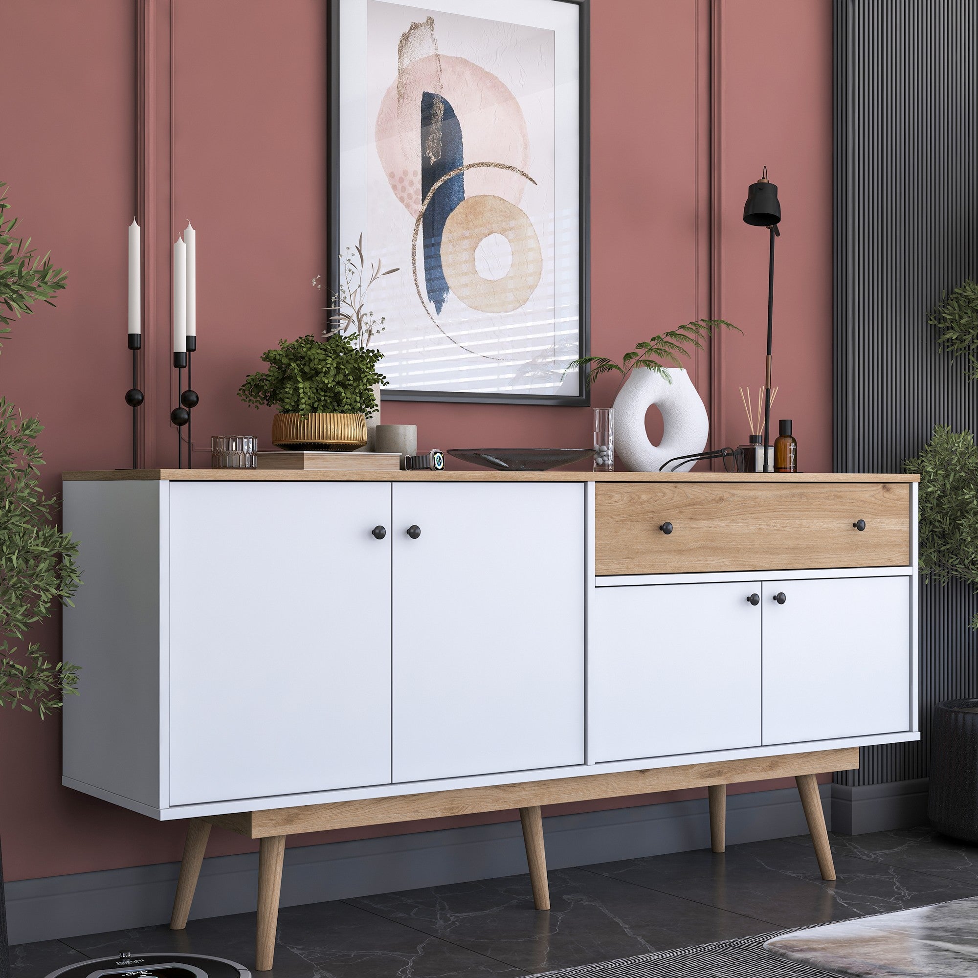 Aparador de Aglomerado – 180 cm x 87,6 cm x 45 cm – Nogueira e Branco – Aglomerado