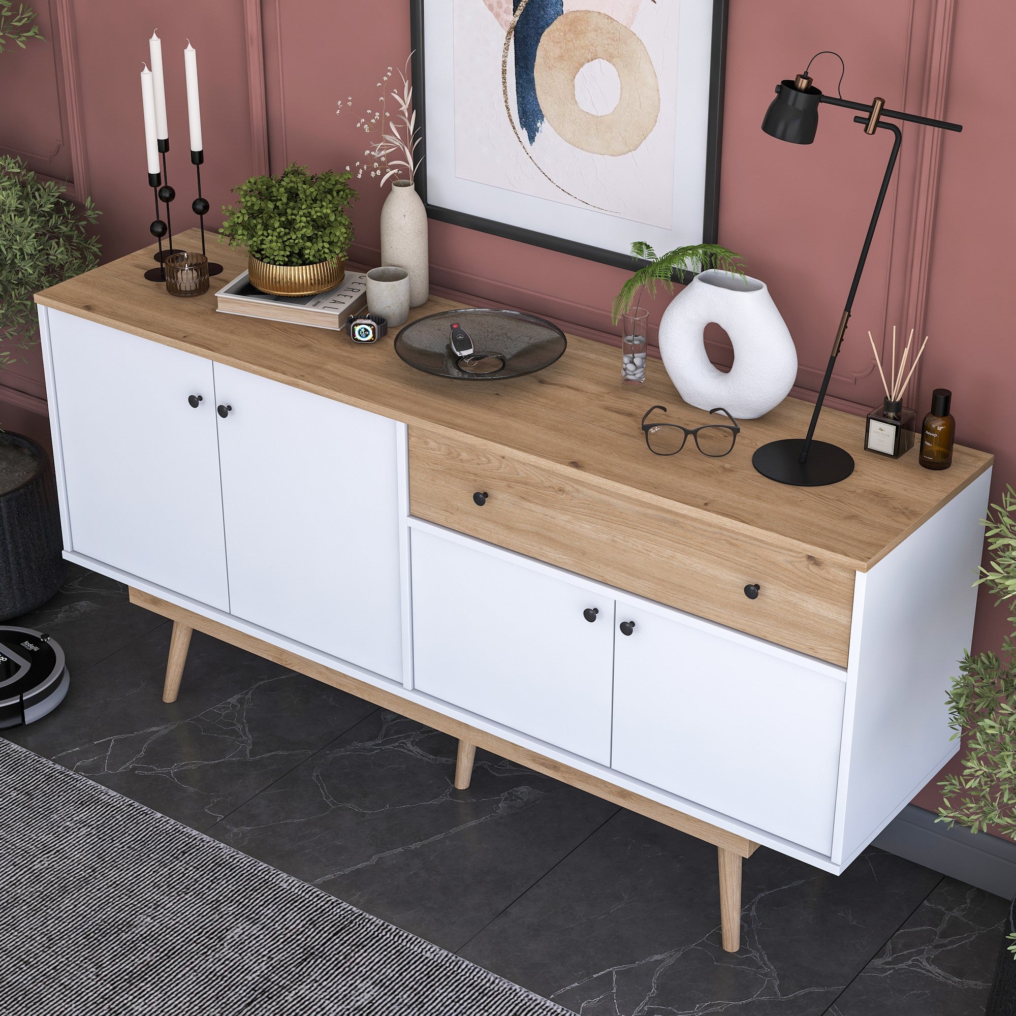 Aparador de Aglomerado – 180 cm x 87,6 cm x 45 cm – Nogueira e Branco – Aglomerado