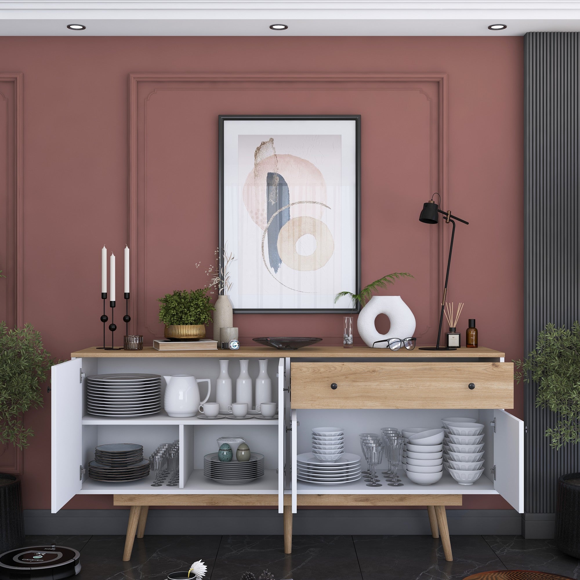 Aparador de Aglomerado – 180 cm x 87,6 cm x 45 cm – Nogueira e Branco – Aglomerado