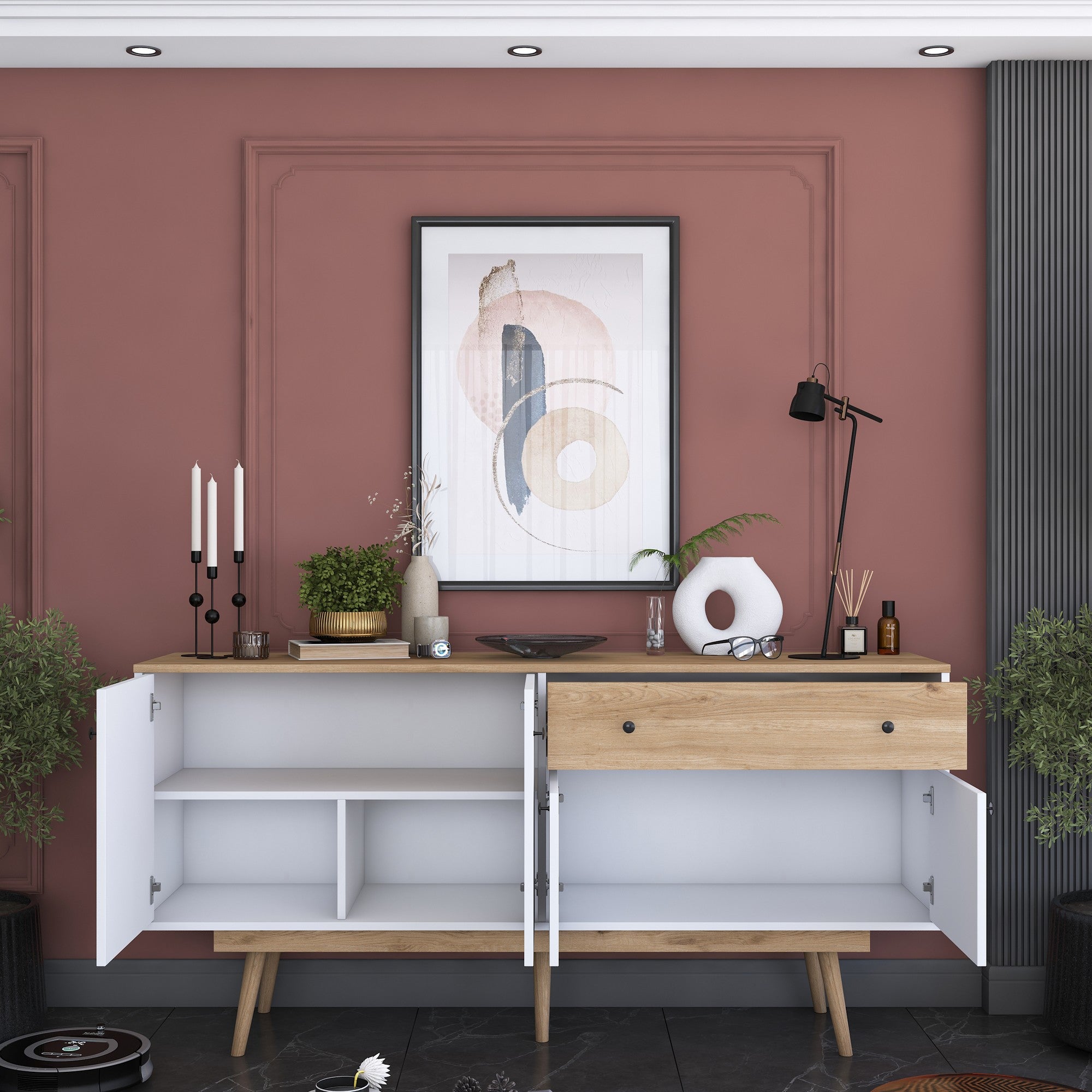 Aparador de Aglomerado – 180 cm x 87,6 cm x 45 cm – Nogueira e Branco – Aglomerado