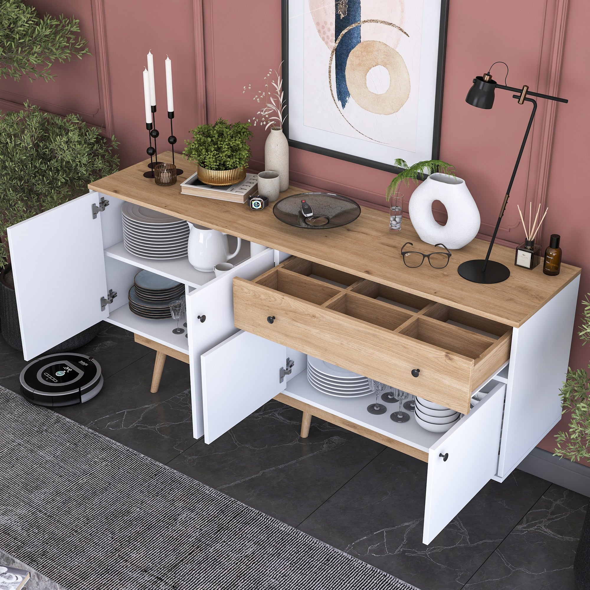 Aparador de Aglomerado – 180 cm x 87,6 cm x 45 cm – Nogueira e Branco – Aglomerado