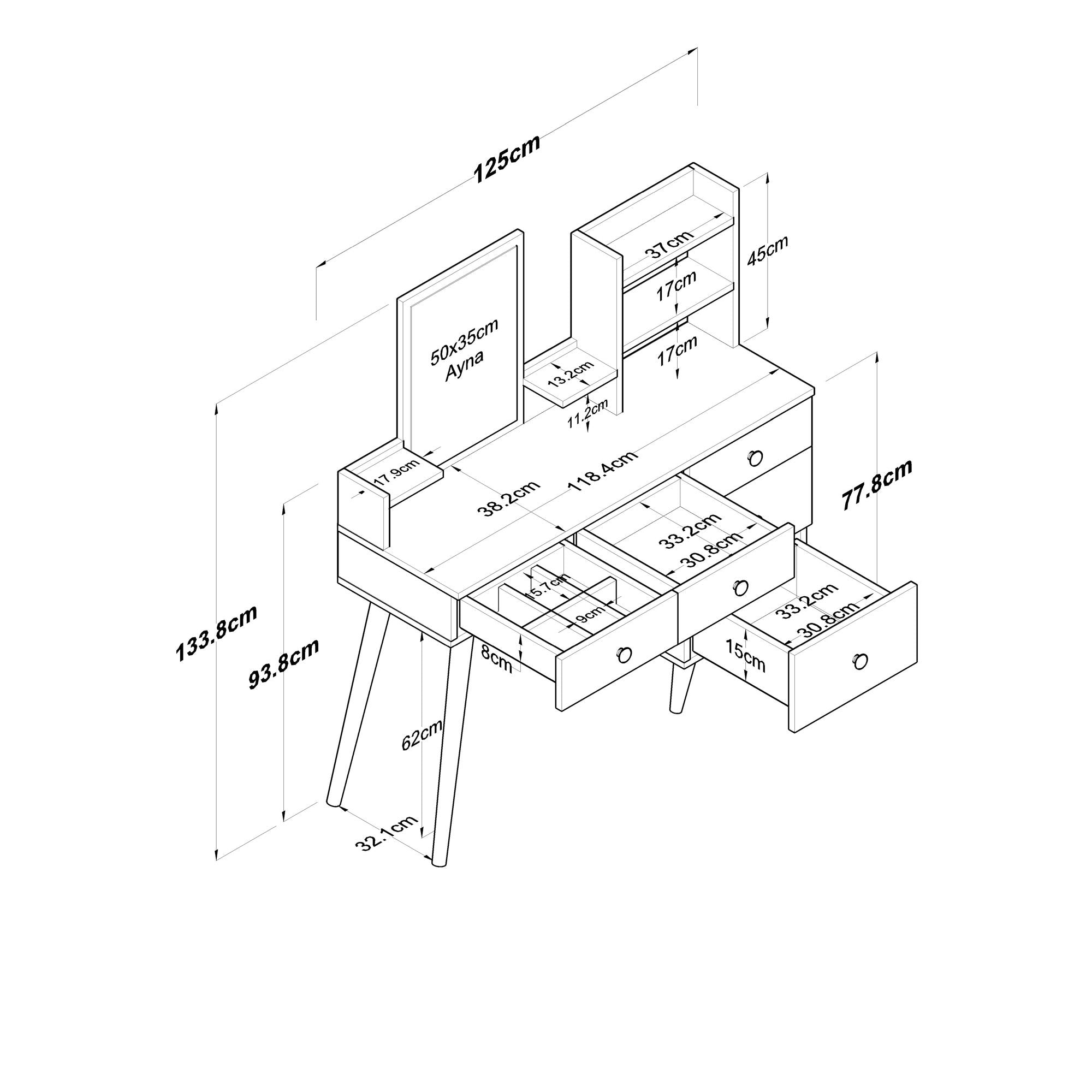 Toucador – 125 cm x 93,8 cm x 40 cm – Branca – Aglomerado E1 revestido em melamina