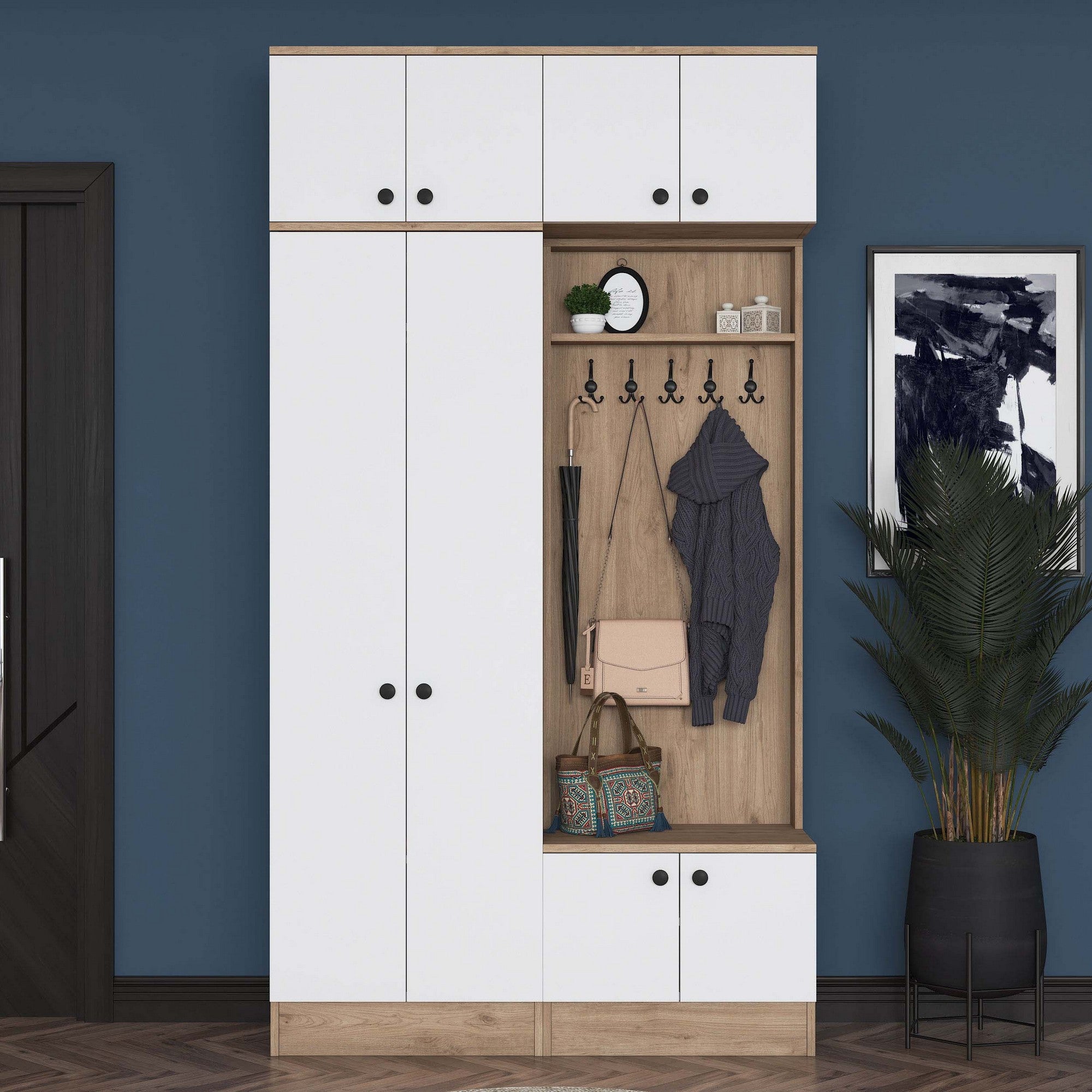 Cabideiro – 119,6 cm x 226,4 cm x 37,5 cm – Nogueira e Branco – Aglomerado com revestimento em melamina