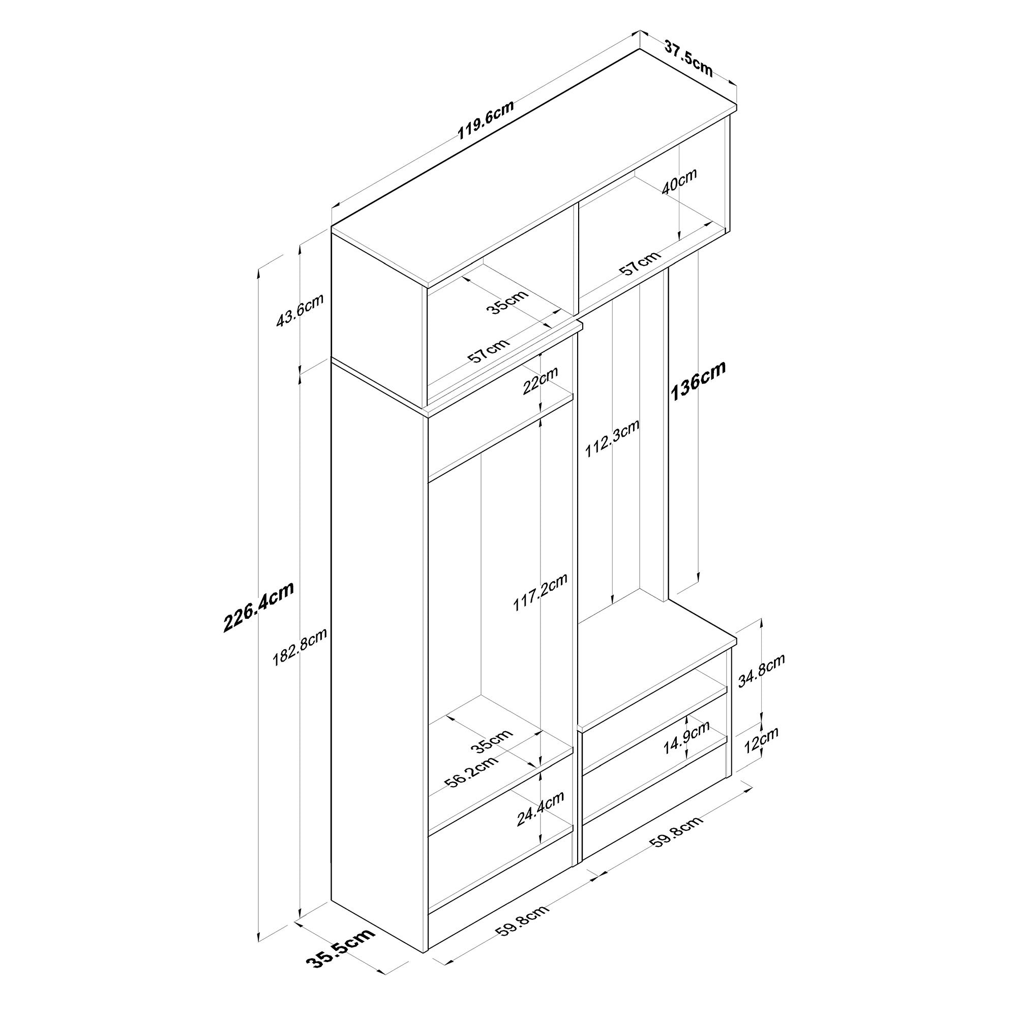 Cabideiro – 119,6 cm x 226,4 cm x 37,5 cm – Nogueira e Branco – Aglomerado com revestimento em melamina