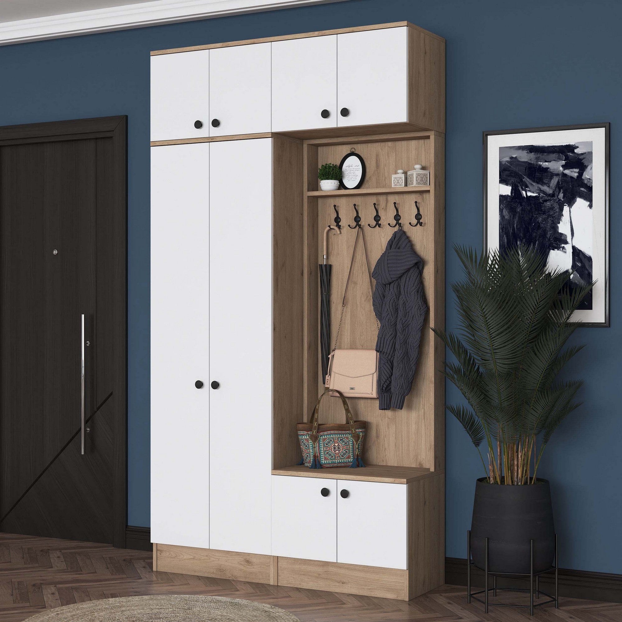 Cabideiro – 119,6 cm x 226,4 cm x 37,5 cm – Nogueira e Branco – Aglomerado com revestimento em melamina