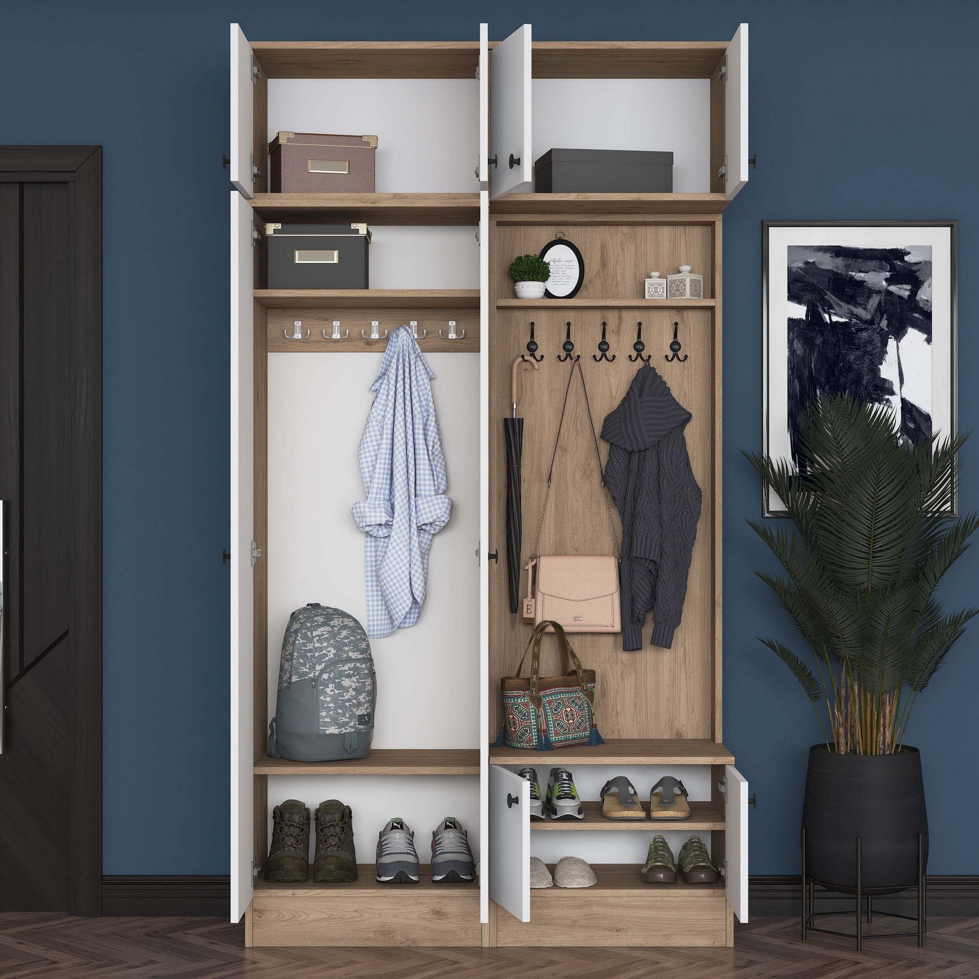 Cabideiro – 119,6 cm x 226,4 cm x 37,5 cm – Nogueira e Branco – Aglomerado com revestimento em melamina