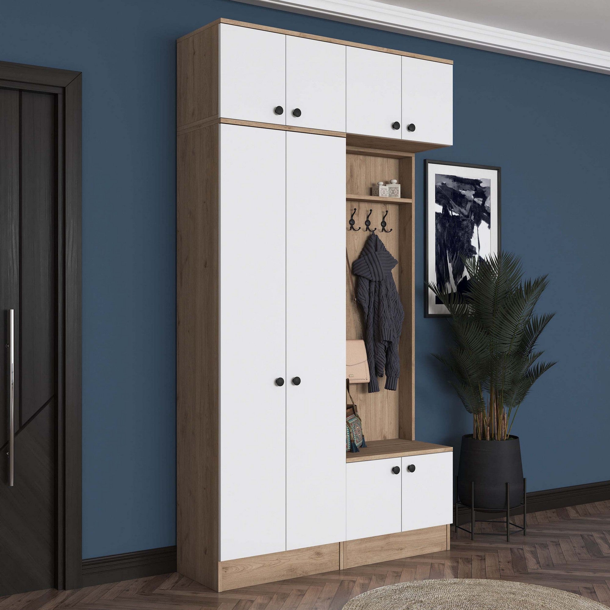 Cabideiro – 119,6 cm x 226,4 cm x 37,5 cm – Nogueira e Branco – Aglomerado com revestimento em melamina